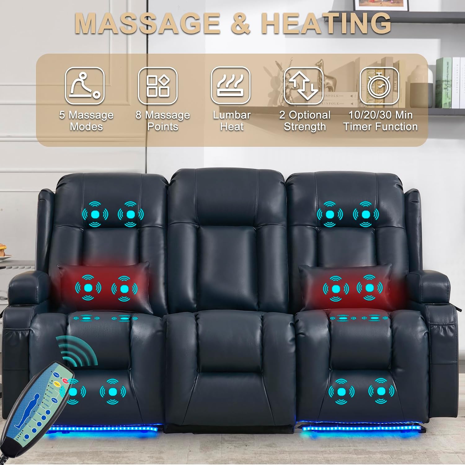 URRED Power Loveseat Recliner Sofa with Massage and Heat, Wall Hugger Reclining Loveseat with Console, RV Couch Home Theater Seating with LED Lights for Living Room (Dark Blue, 76.8" - 3 Seats)