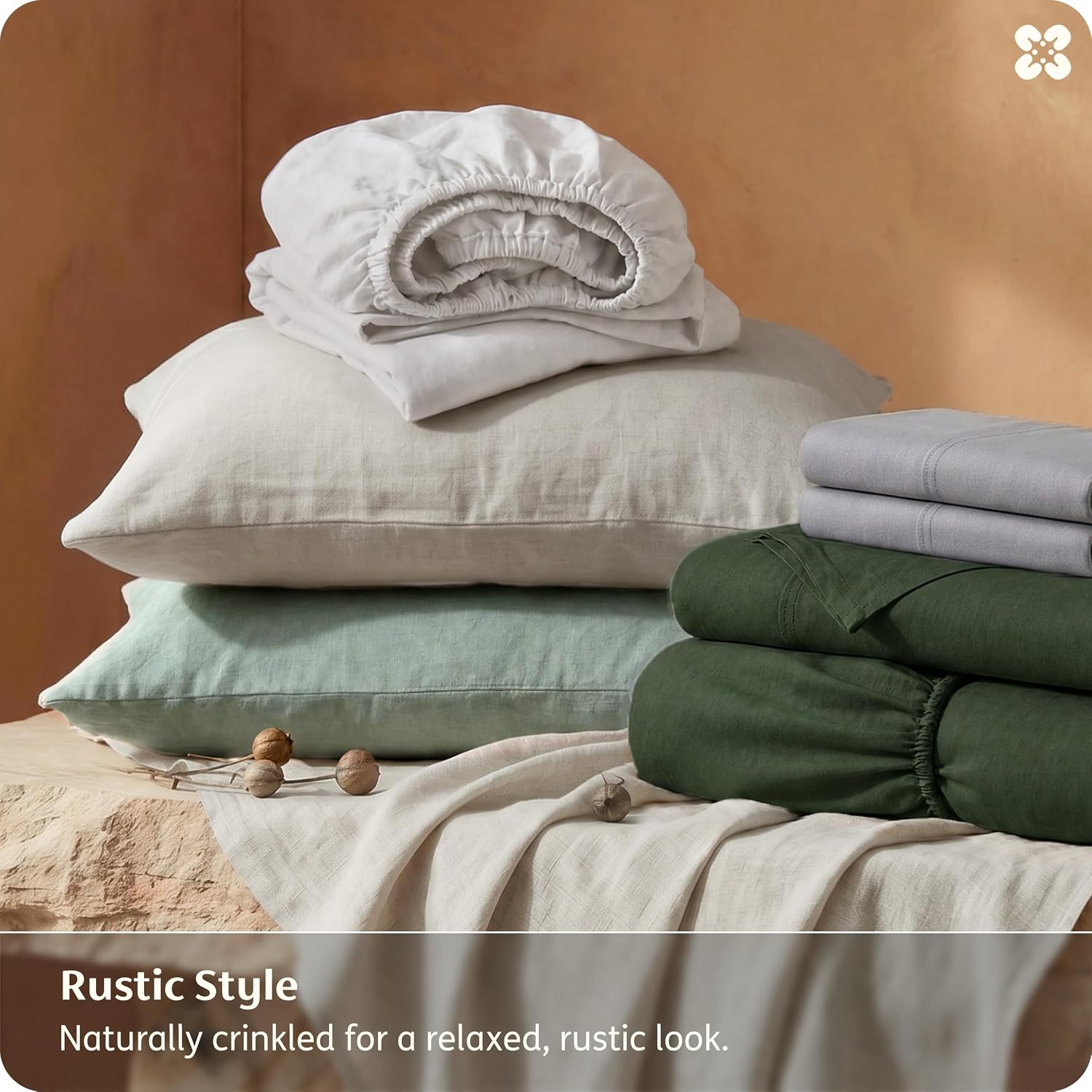Bedsure Linen Sheets California King Size - Cotton Linen Blend Bed Sheets, Anti - Pilling, Ultra-Soft & Breathable, 16" Deep Pocket, PureWoven Natural Texture Improves with Use, 4 Pieces (White)