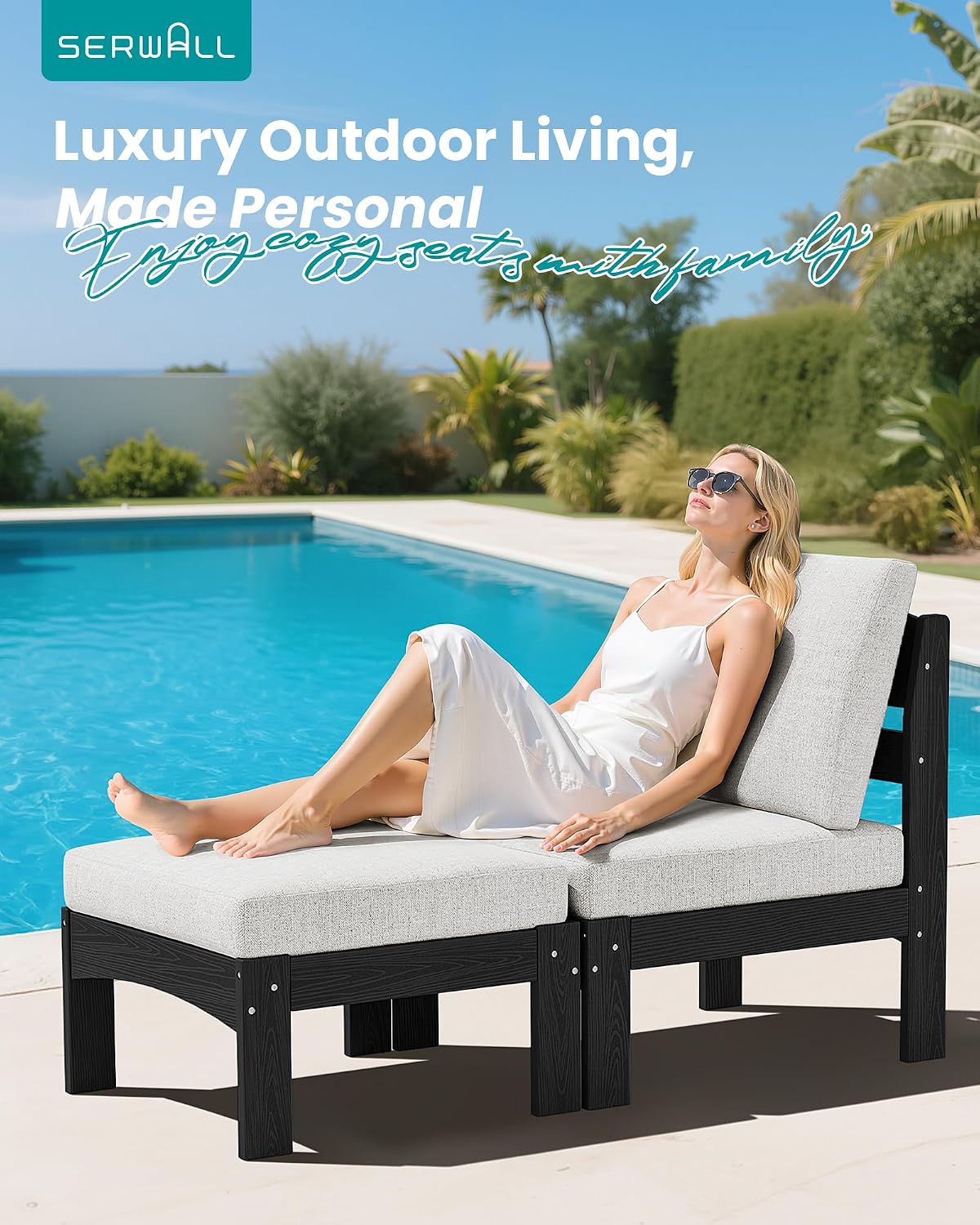 SERWALL 2 Pieces Patio Conversation Set, All-Weather HDPE Outdoor Sofa with Removable Cushions and Ottoman, Modular Design Converts to Chaise Lounge, Porch, Poolside, Black Frame with Khaki Cushion