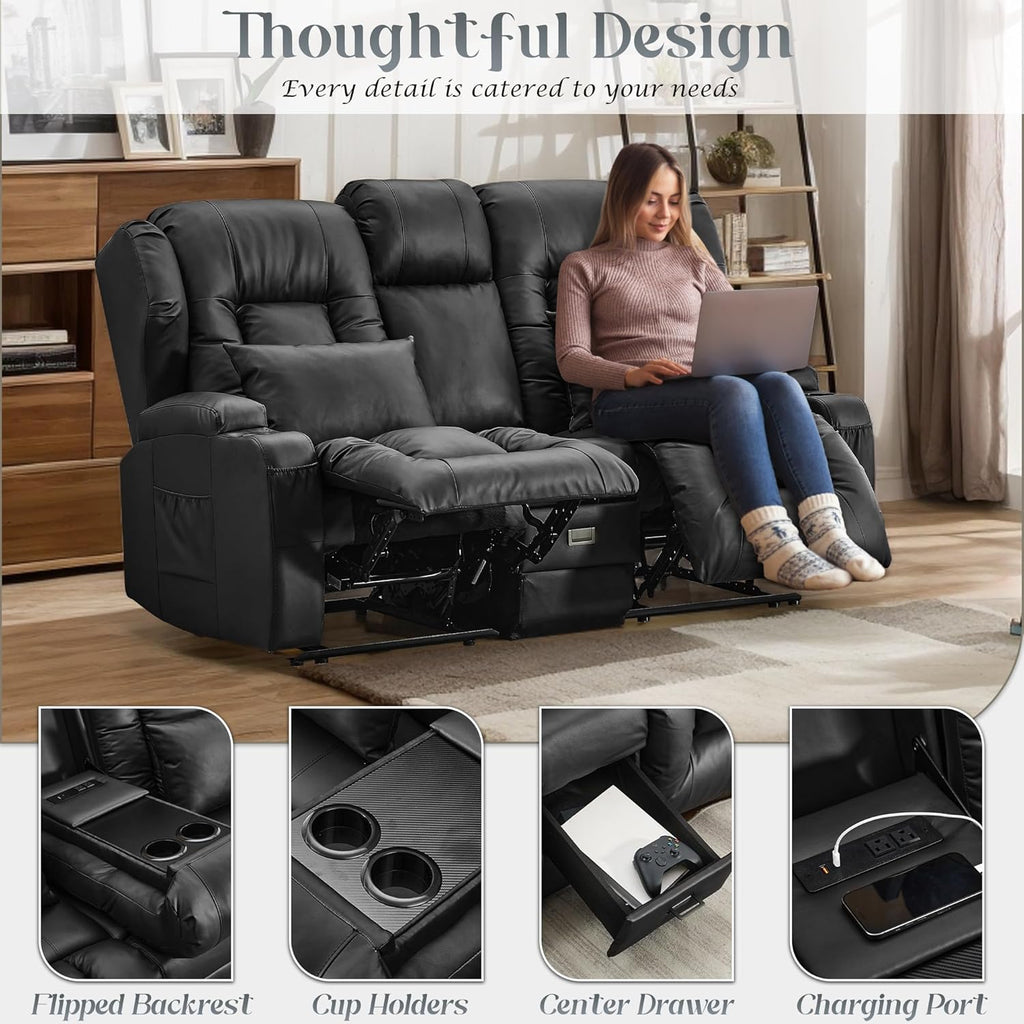 URRED Loveseat Recliner Sofa, Manual Reclining Loveseat Sofa with Flip-Down Console, Home Theater RV Recliner Couch with Cup Holders and Storage for Living Room (Black)