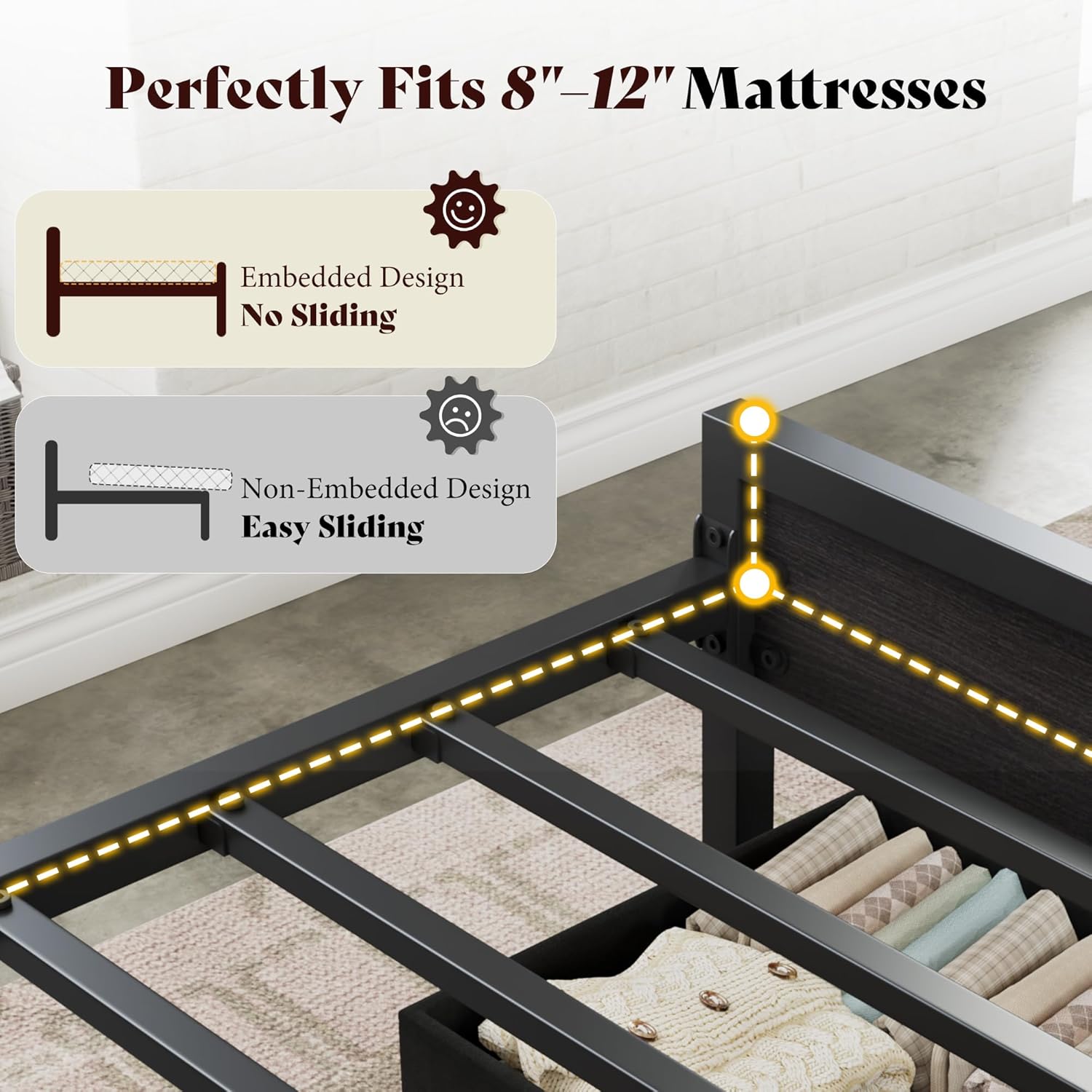 AMERLIFE Queen Bed Frame with LED Light and 2 Storage Drawers, Metal Platform Bed with Storage Headboard, Velvet Upholstered, Heavy-Duty Slats, No Box Spring Needed, Easy Assembly, Black