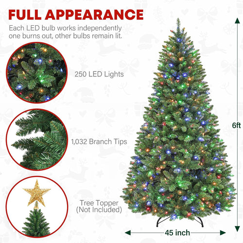 6 ft Lighted Christmas Tree with 250 Color Changing LED Lights, 1032 Branch Tips, Easy Assembly with Metal Base and Hinged Branches for Indoor Holiday, 10 Modes