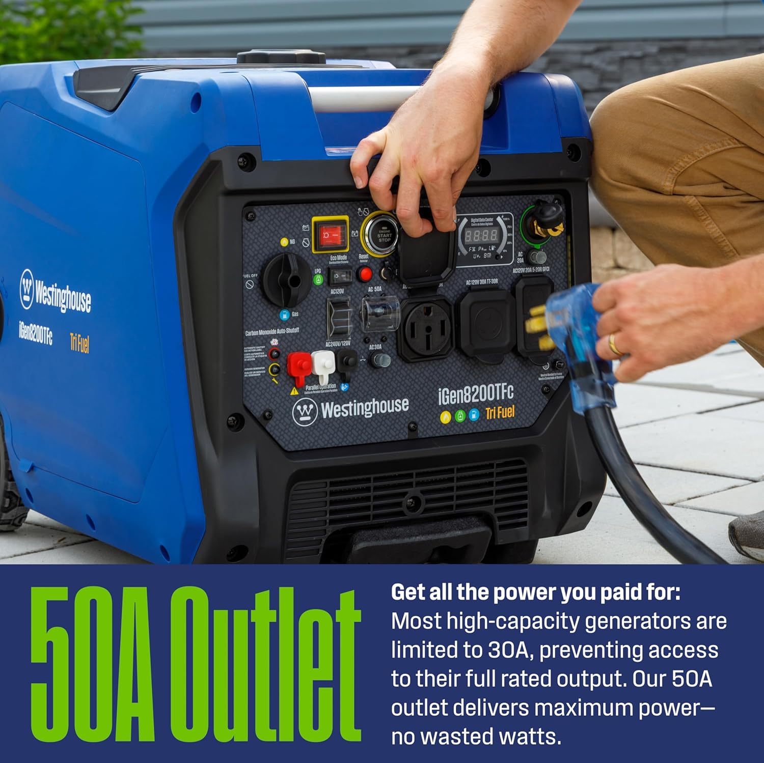 Westinghouse 8200 Peak Watt Tri-Fuel Portable Inverter Generator, Remote Electric Start, Transfer Switch Ready, Gas, Propane, Natural Gas, Low THD, Safe for Electronics, Parallel Capable, CO Sensor