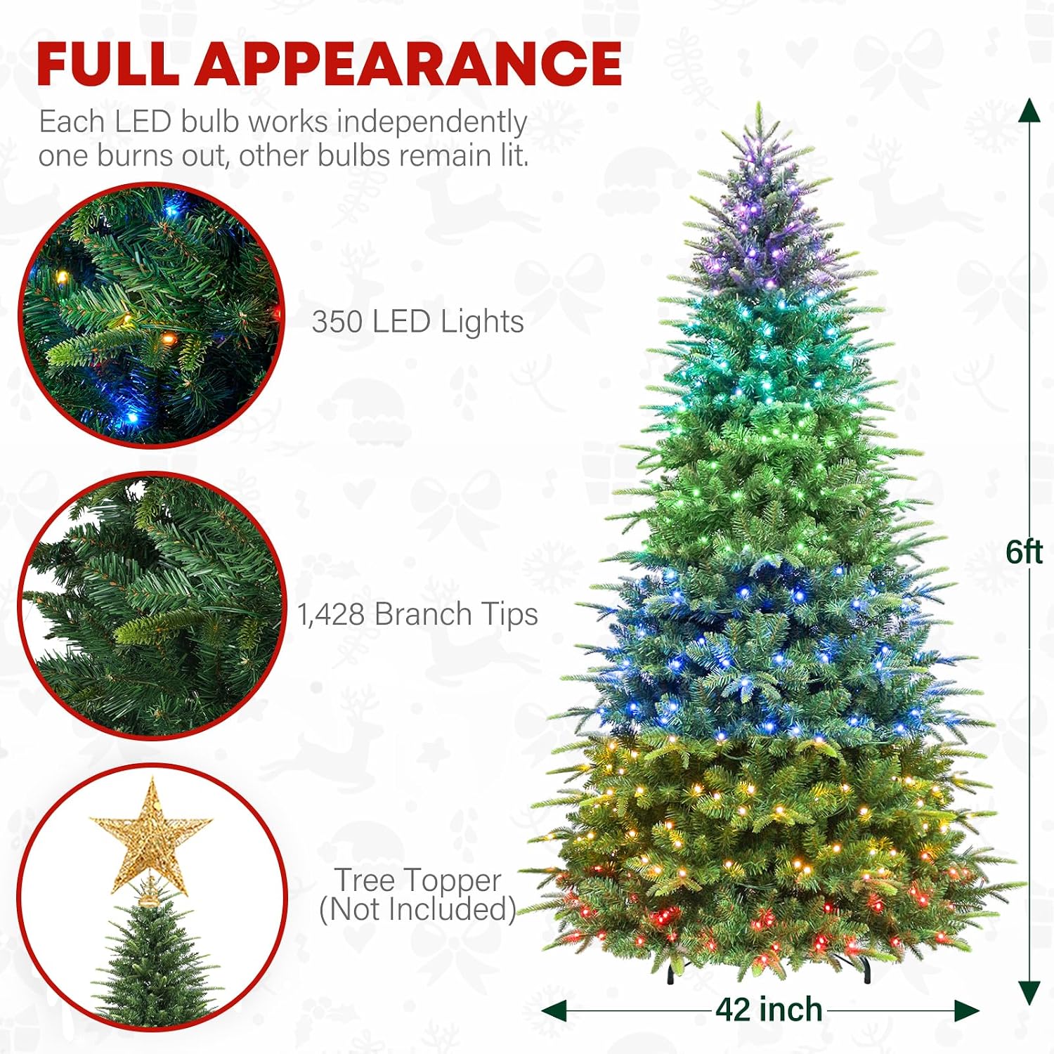 6 ft Lighted Artificial Christmas Tree with Remote Control, 350 Multicolor RGB Lights, Artificial Hinged Christmas Tree with 1420 PE&PVC Branch Tips for Holiday Decor, 15 Modes