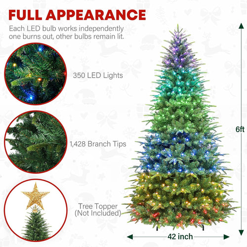 6 ft Lighted Artificial Christmas Tree with Remote Control, 350 Multicolor RGB Lights, Artificial Hinged Christmas Tree with 1420 PE&PVC Branch Tips for Holiday Decor, 15 Modes