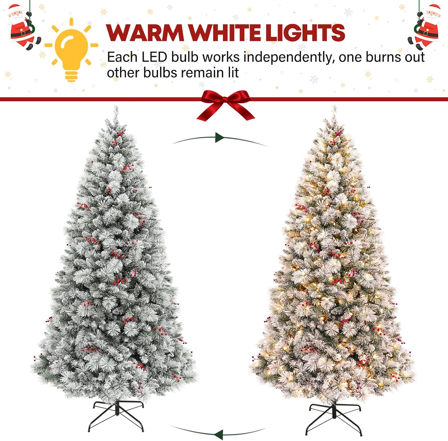 7.5ft Lighted Snow Flocked Christmas Tree, Artificial Christmas Tree with 450 Warm White LED Lights, 1446 Branch Tips, Hinged Design & Metal Stand for Holiday, Decor