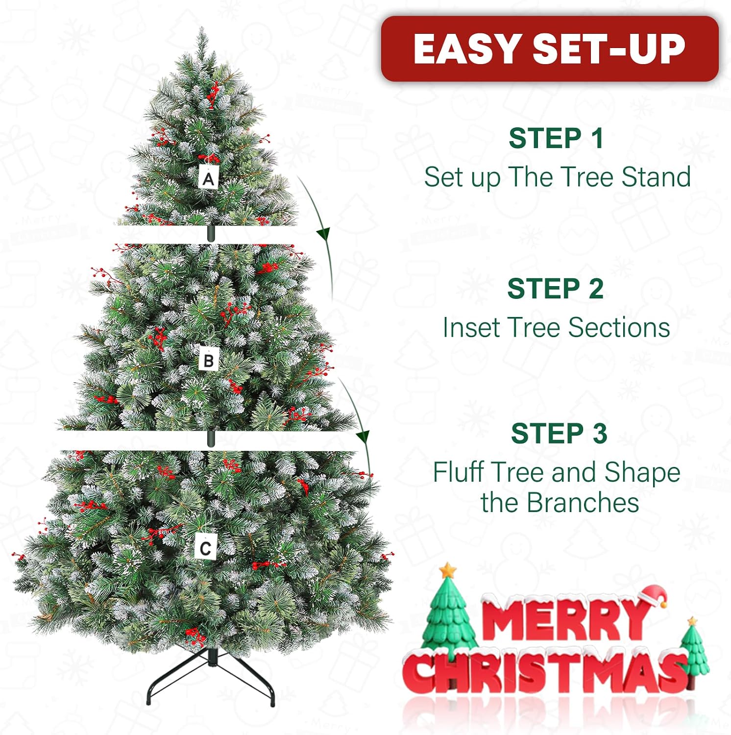 7.5ft Lighted Frosted Christmas Tree, Artificial Christmas Pine Tree with Red Berries, 350 Warm White LED Lights, 1372 Branch Tips, Foldable Metal Stand and Hinged Branches