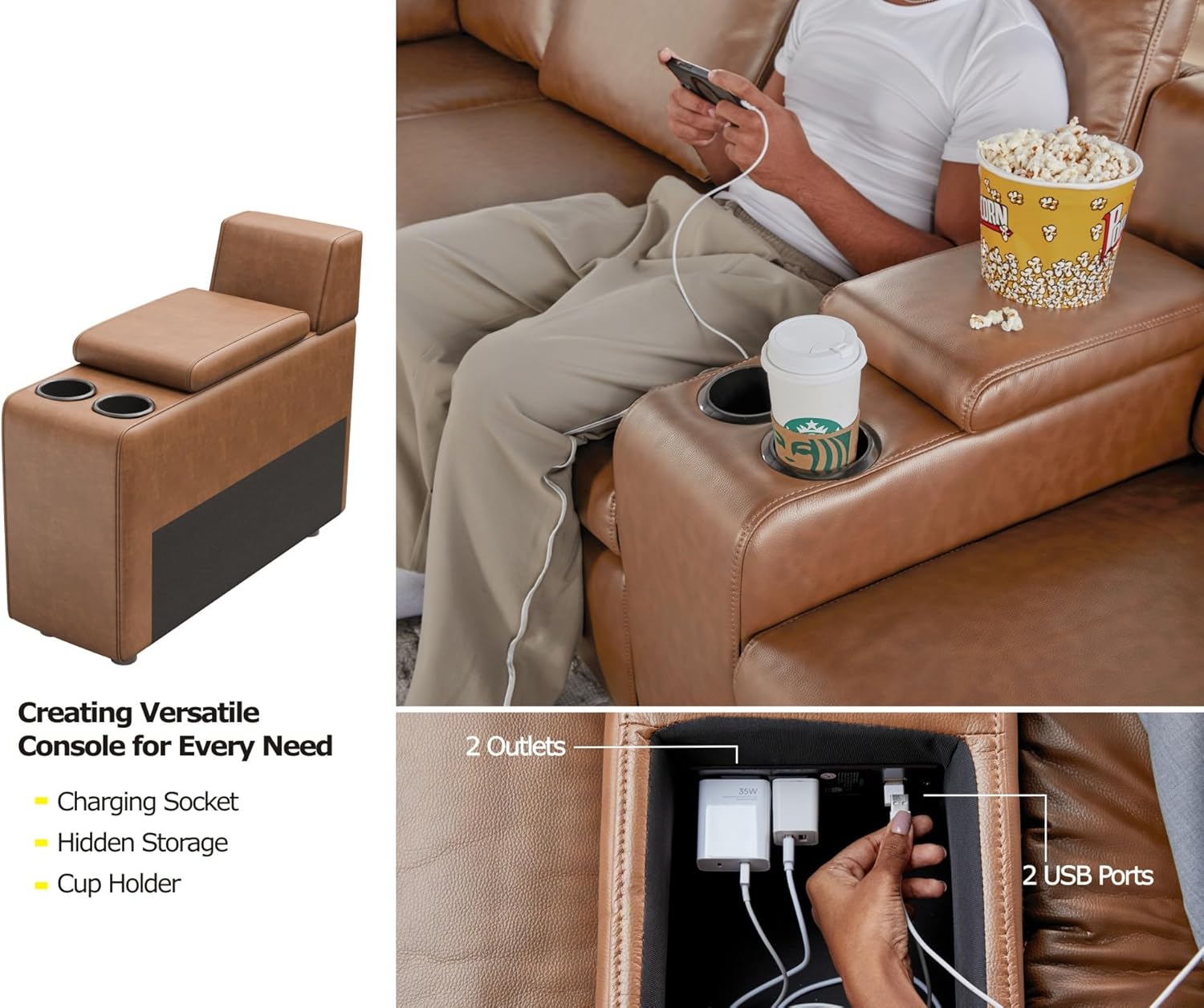 AMERLIFE 36.5” Power Recliner Chair, Single Electric Reclining Sofa with USB Charging Port, Leather Recliner for Living Room, Brown