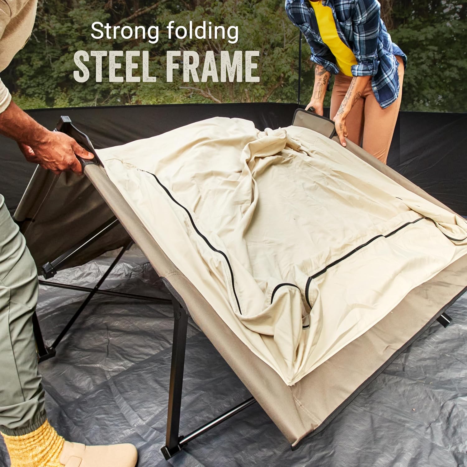 Coleman Queen-Size Airbed Cot Combination, Folding Air Mattress with Steel Frame & Side Table, Battery Pump Included, Great for Camping, Lounging, Elevated Sleeping, Guests, & More