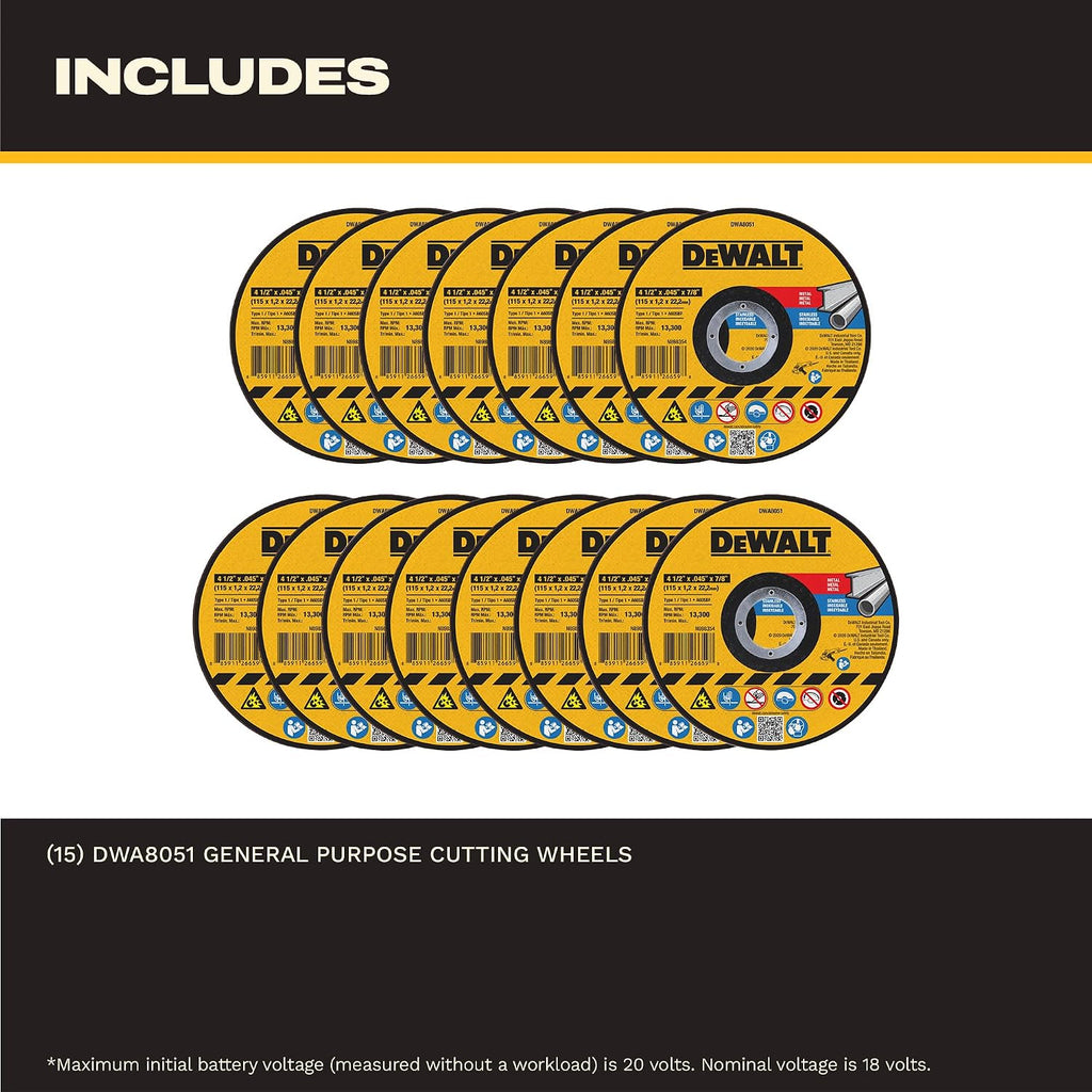 DEWALT 4-1/2 In x .045 in Aluminum Oxide Bonded Abrasive Cut Off Blade with 7/8 in Arbor, 15 Pack General Purpose Cutting Wheels (DWA8051B15)