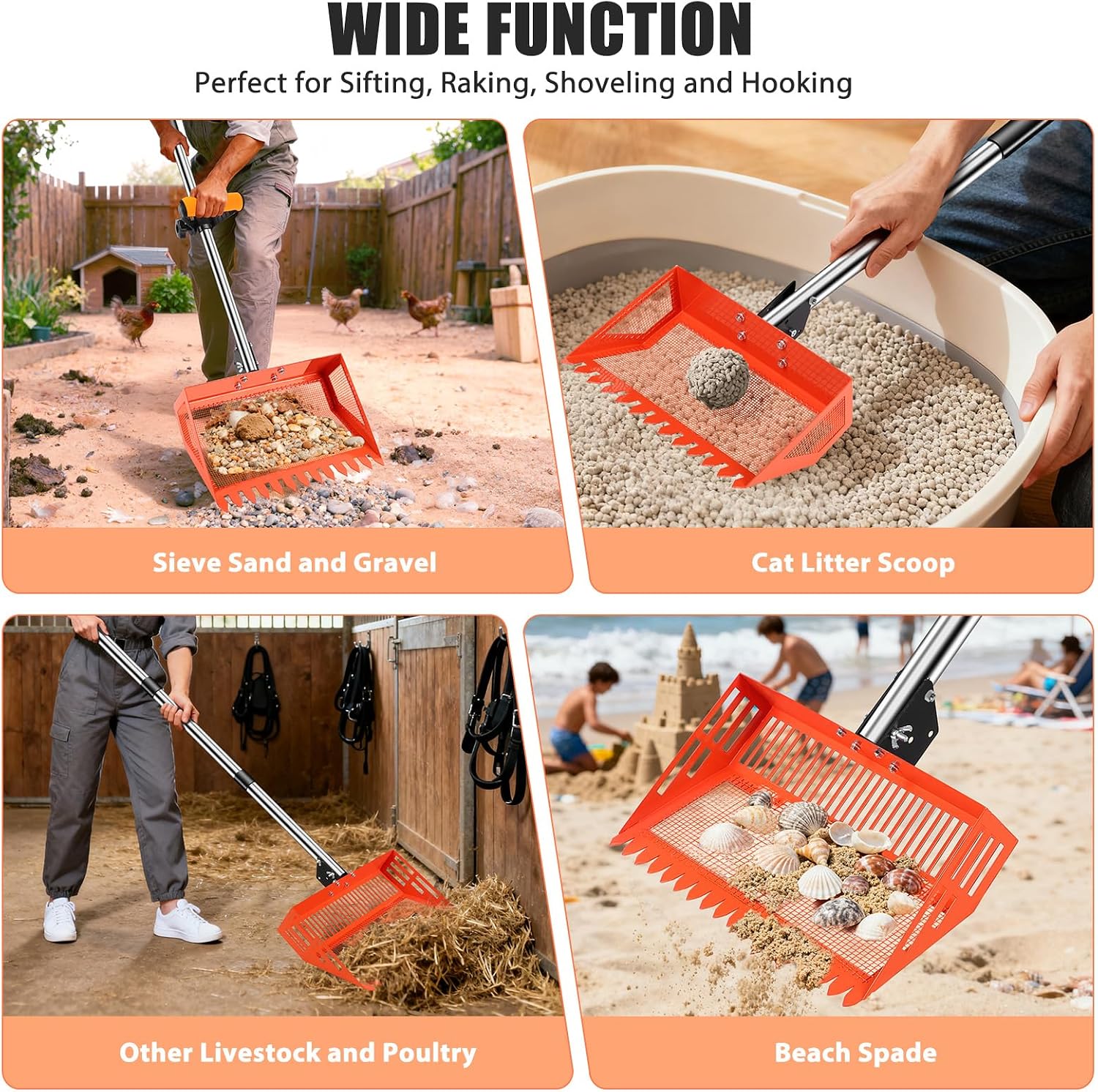 15/10'' Chicken Poop Scooper & Rake,4 IN 1 Chicken Coop Scoop with 2 Large Metal Shovel Heads,Chicken Coop Scooper for Sand,Chicken Scoop with Long Handle,Sifting Shovel for Chicken Coops(37 to 65in)