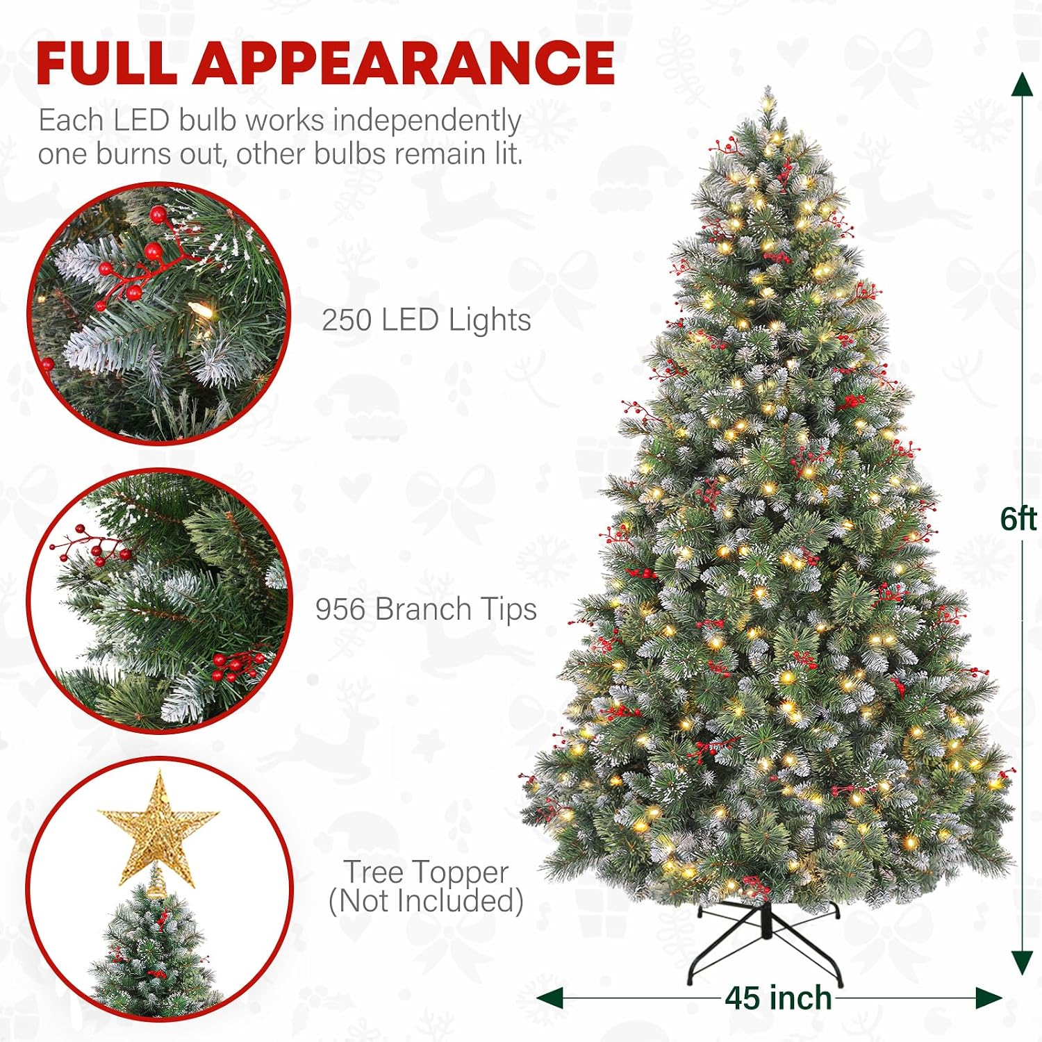 6 ft Lighted Frosted Christmas Tree, Artificial Pine Christmas Tree with Red Berries, 250 Warm White LED Lights, 956 Branch Tips, Foldable Metal Stand and Hinged Branches