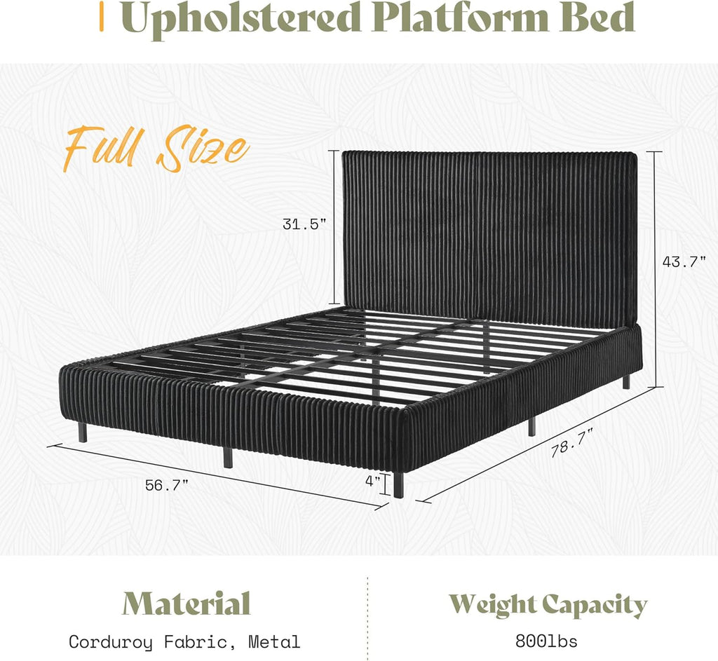 AMERLIFE Full Bed Frame, Upholstered Metal Platform Bed with Vertical Channel Tufted Headboard, Soft Fabric & Strong Metal Slats, Noise-Free/Easy Assembly, Black Full Upholstered Bed and Headboard