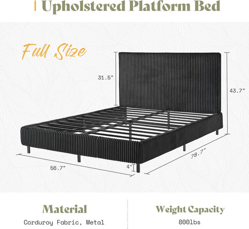 AMERLIFE Full Bed Frame, Upholstered Metal Platform Bed with Vertical Channel Tufted Headboard, Soft Fabric & Strong Metal Slats, Noise-Free/Easy Assembly, Black Full Upholstered Bed and Headboard