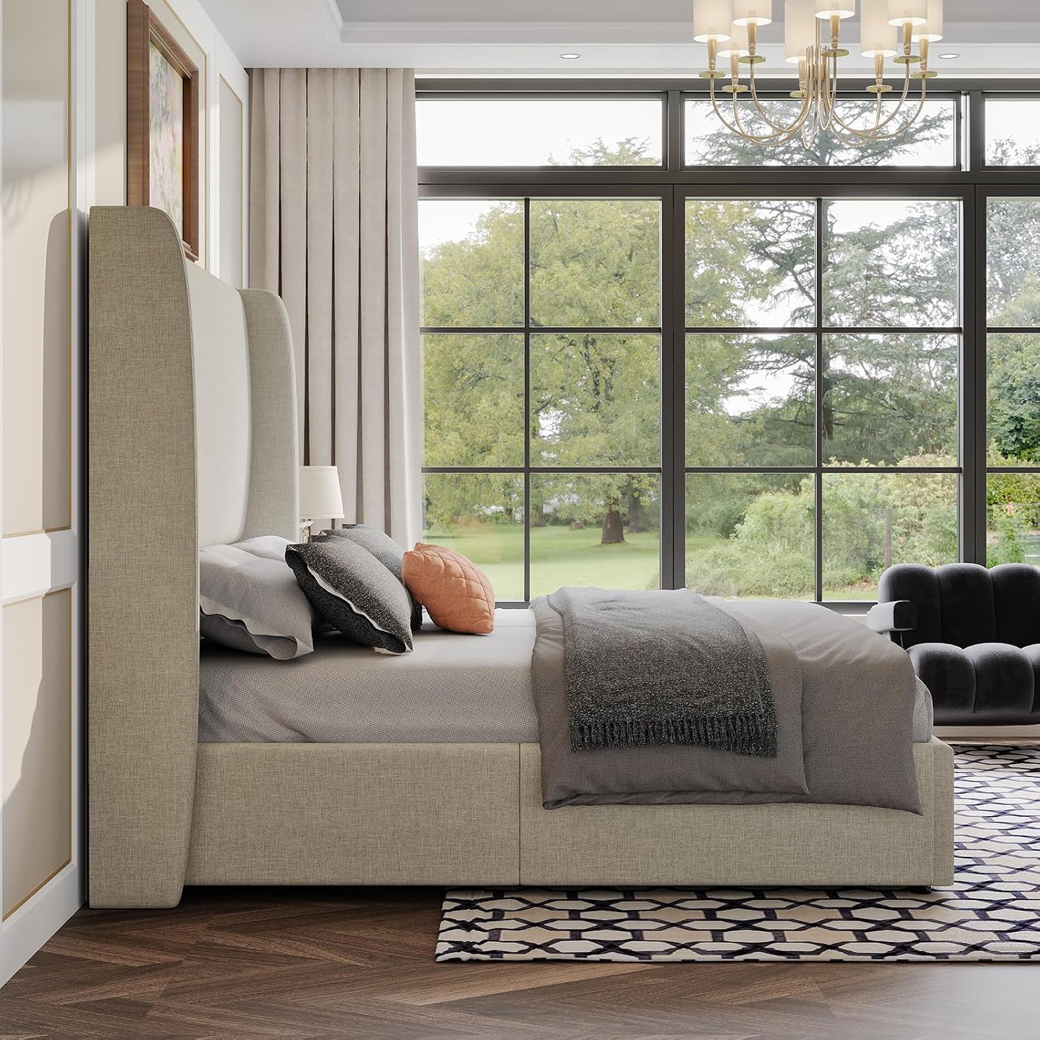AMERLIFE Lift Up Storage Bed Queen Size Linen Upholstered Platform Bed Frame, Hydraulic Storage,Modern Wingback Headboard, No Box Spring Needed, Khaki