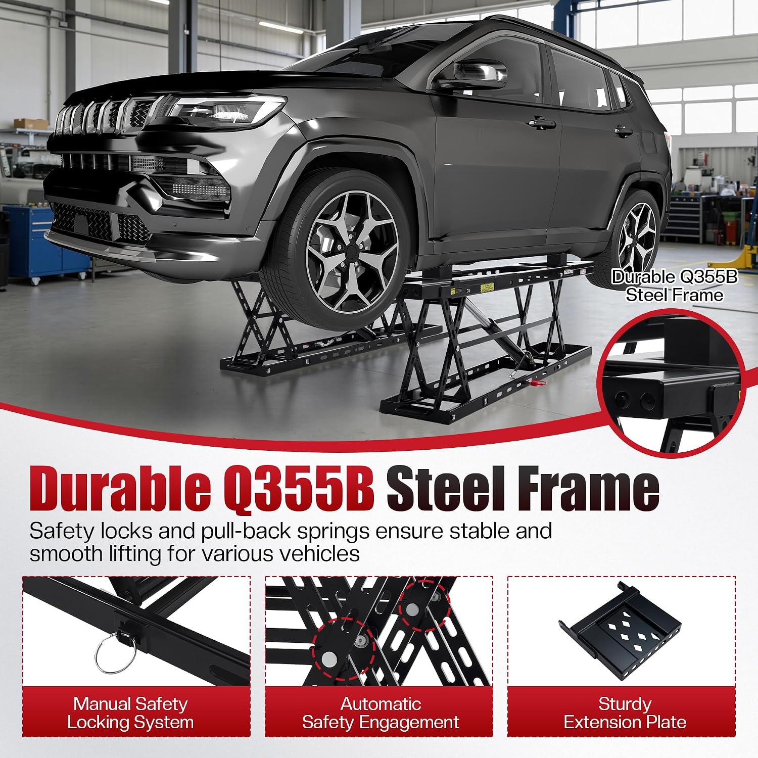 SPECRAFT 7000 LBS Portable Car Lift, Heavy-Duty Hydraulic Quick Jack with 25.4" Max Height, Multi-Safety Lock Bars & Wheels, Adjustable Scissor Lift for Cars, SUVs, Light Trucks, Garage Use, Black