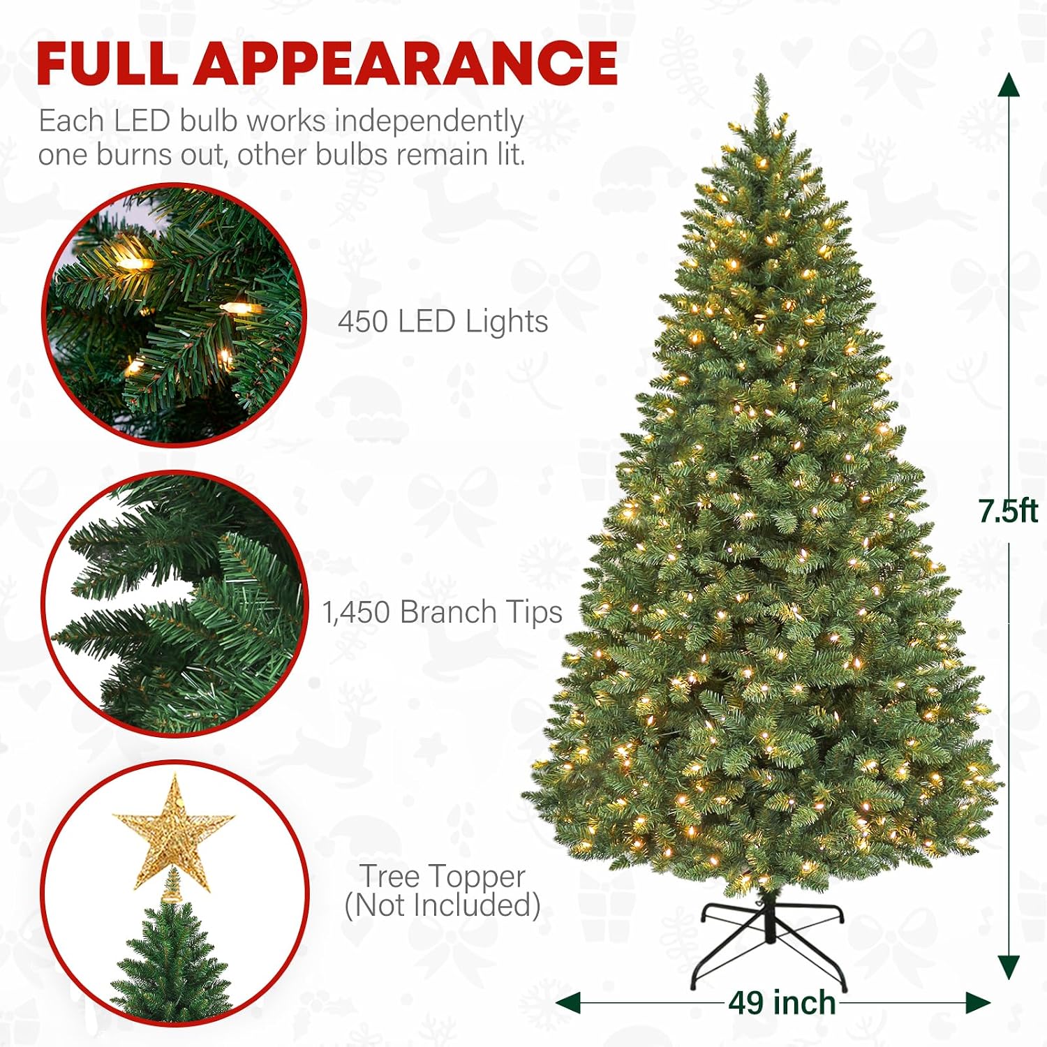7.5 ft Lighted Artificial Christmas Tree, 450 Warm White LED Lights, 1450 PVC Branch Tips, Metal Stand and Hinged Branches for Home, Decorating