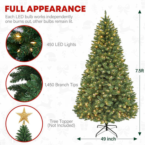 7.5 ft Lighted Artificial Christmas Tree, 450 Warm White LED Lights, 1450 PVC Branch Tips, Metal Stand and Hinged Branches for Home, Decorating