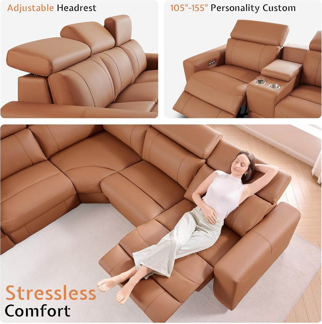 AMERLIFE Power Recliner Sectional Sofa with Storage/USB Port, Leather Recliner Sofa with Adjustable Headrest, Reclining Sectional Couches with Console and Cup Holder for Living Room (Brown, 5-Seater)