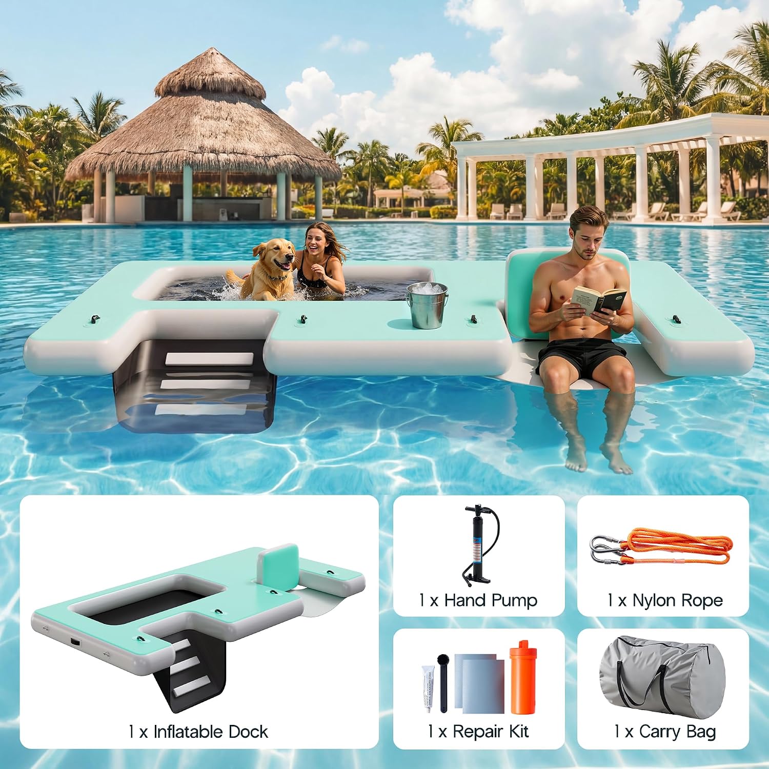 SPECRAFT Inflatable Floating Dock, Non-Slip 6/7/8/10/12 FT Air Dock Platform loating Island Raft with Rope Ladder for Pool Lake Beach Ocean