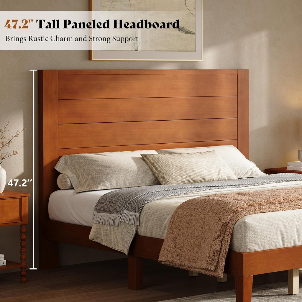 AMERLIFE Queen Size Bed Frame with 48" Tall Headboard, Mid Century Modern Solid Wood Platform Bed with Silent Wood Slat System, No Box Spring Needed, Under-Bed Storage, Brown