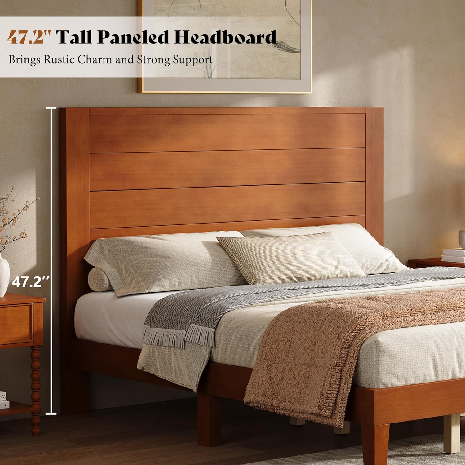 AMERLIFE Queen Size Bed Frame with 48" Tall Headboard, Mid Century Modern Solid Wood Platform Bed with Silent Wood Slat System, No Box Spring Needed, Under-Bed Storage, Brown