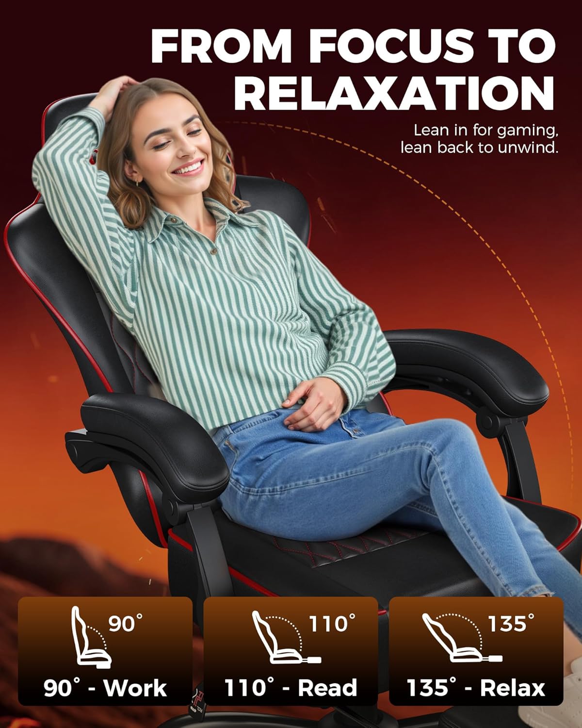 GTPLAYER Gaming Chair, Computer Office Chair with Pocket Spring Cushion, Linkage Armrests, Comfortable Leather Computer Chair, Black & Red