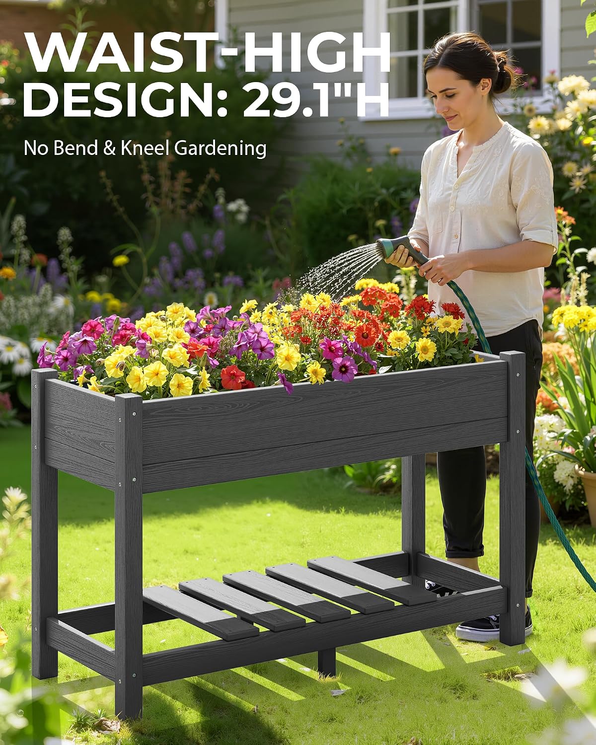 SERWALL Raised Garden Bed with Legs, 43"×17"×30" Large HDPE Elevated Planter Box for Vegetables Flower Herb Patio, All Weather Use- Gray