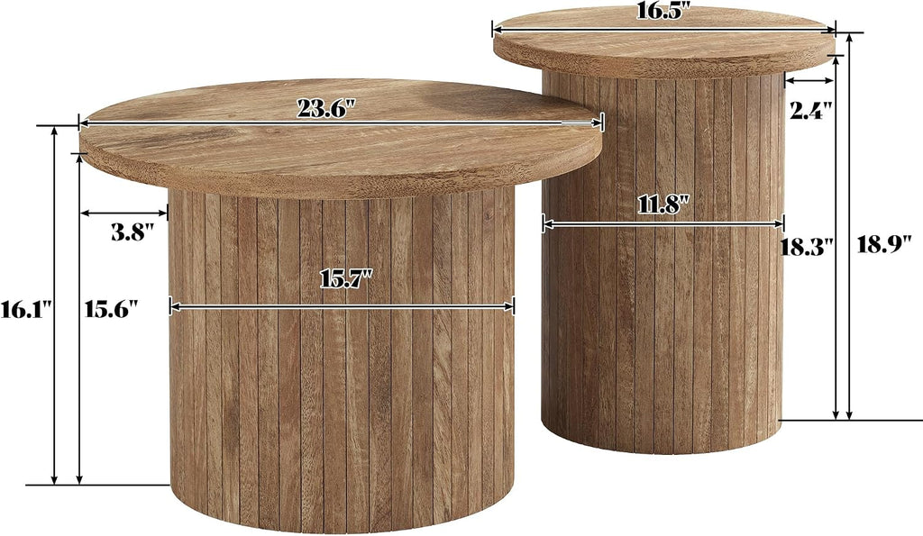 AMERLIFE Rustic Nesting Coffee Table Set of 2, Wood Finish Coffee Table Set, Farmhouse Round Sofa Side Tables for Living Room, Small Spaces, Natural Finish