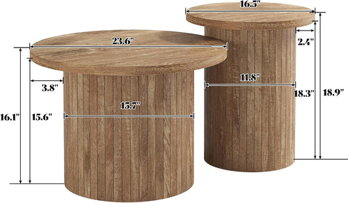 AMERLIFE Rustic Nesting Coffee Table Set of 2, Wood Finish Coffee Table Set, Farmhouse Round Sofa Side Tables for Living Room, Small Spaces, Natural Finish