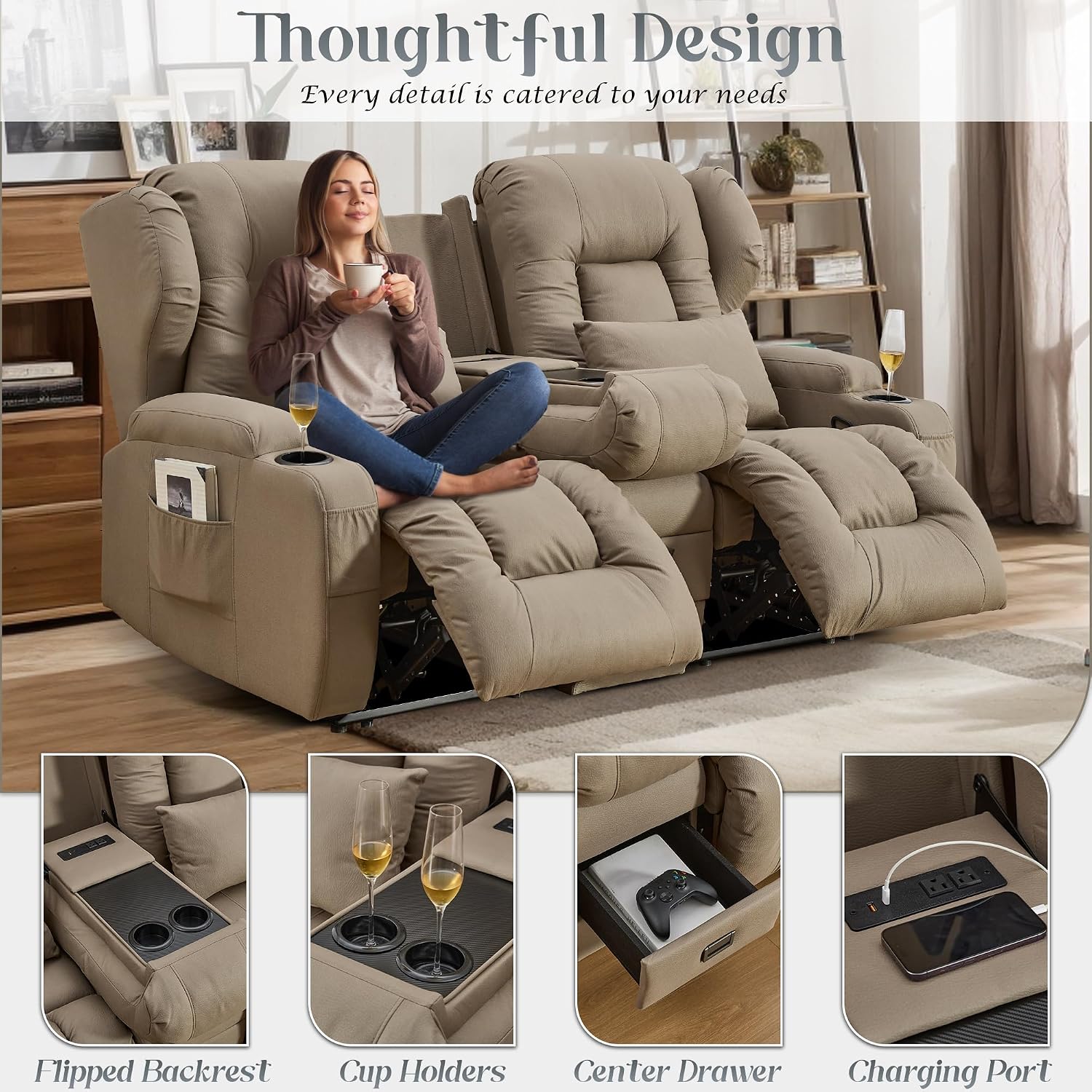 URRED Loveseat Recliner Sofa, Manual Reclining Loveseat Sofa with Flip-Down Console, Home Theater RV Recliner Couch with Cup Holders and Storage for Living Room (Khaki)