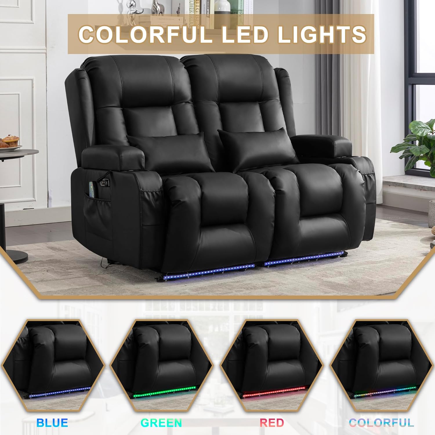 URRED Power Loveseat Recliner Sofa with Massage and Heat, Wall Hugger Reclining Loveseat, RV Couch Home Theater Seating with LED Lights for Living Room (Black, 54" - 2 Seats)
