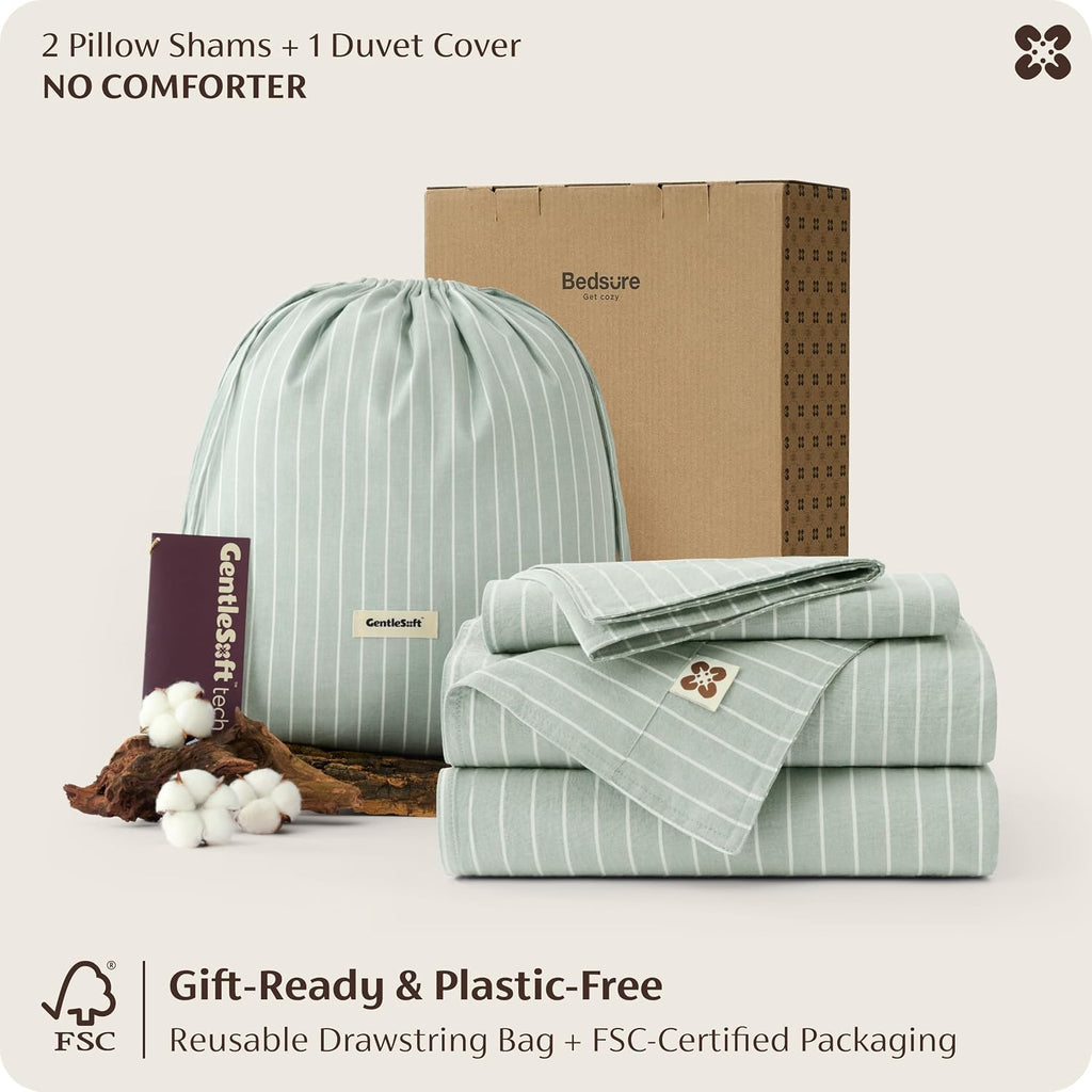 Bedsure Striped Duvet Cover Queen, 100% Washed Cotton Duvet Cover Linen‑Like, PureWoven with Reversible Yarn‑Dyed Design & Double‑Stitch Craft, 3-Piece with Zipper, Stripes Sage Green, 90"x90"