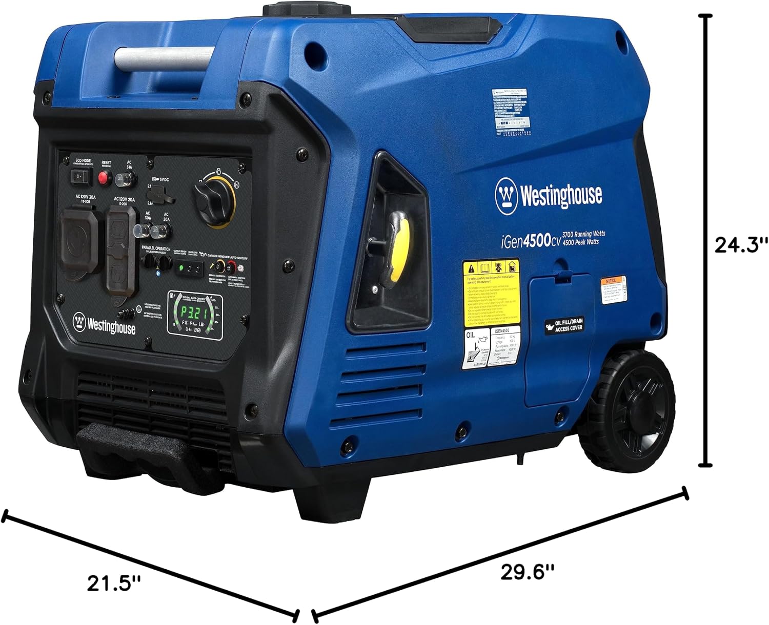 Westinghouse 5000 Peak Watt Super Quiet Portable Inverter Generator, Wheel & Handle Kit, RV Ready 30A Outlet, Gas Powered, CO Sensor, Parallel Capable,Blue