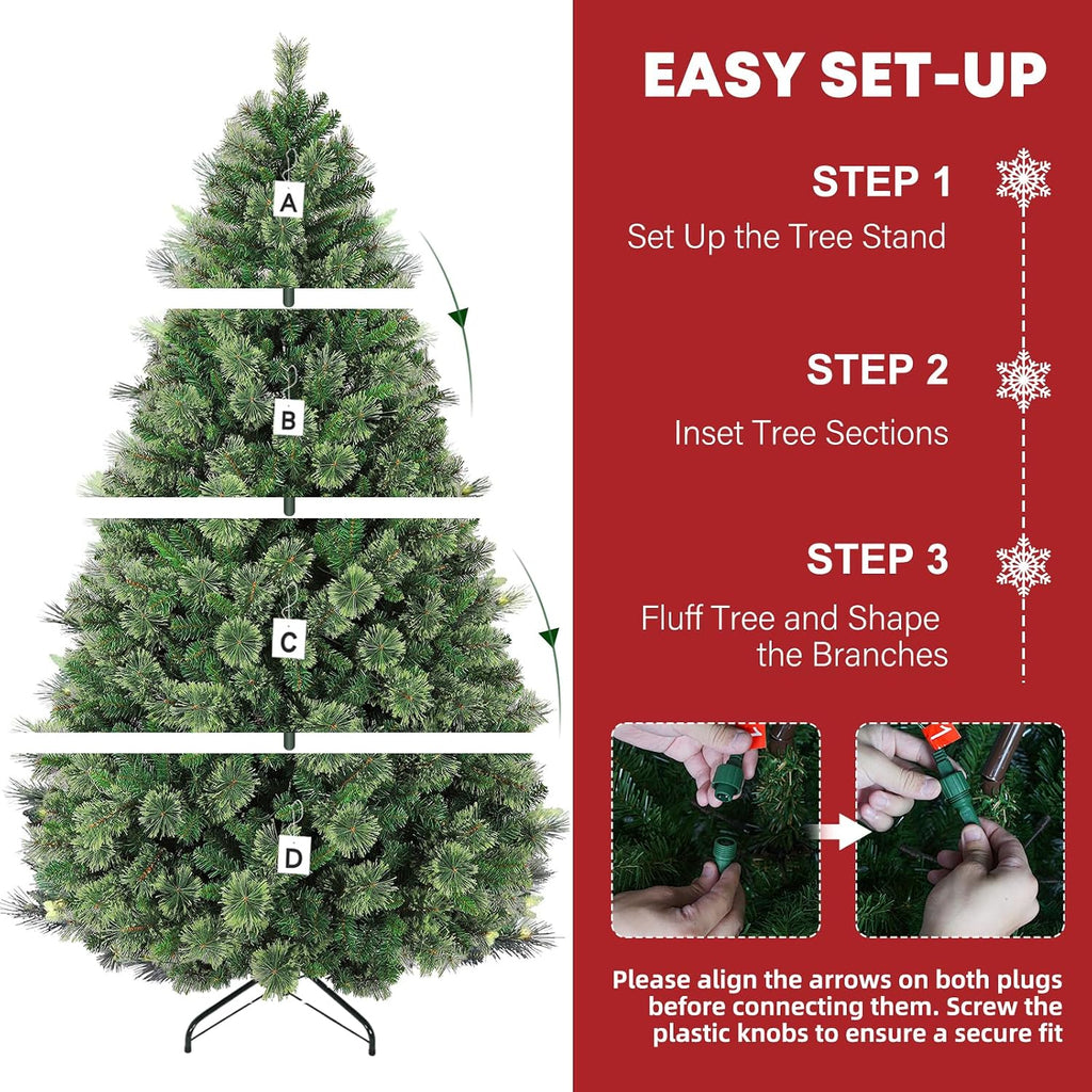 7.5 ft Prelighted Pine Christmas Tree, Artificial Christmas Tree with 450 Warm White Lights, 1580 PVC Branch Tips, Premium Stand, Easy Assembly for Indoor Holiday Decorating