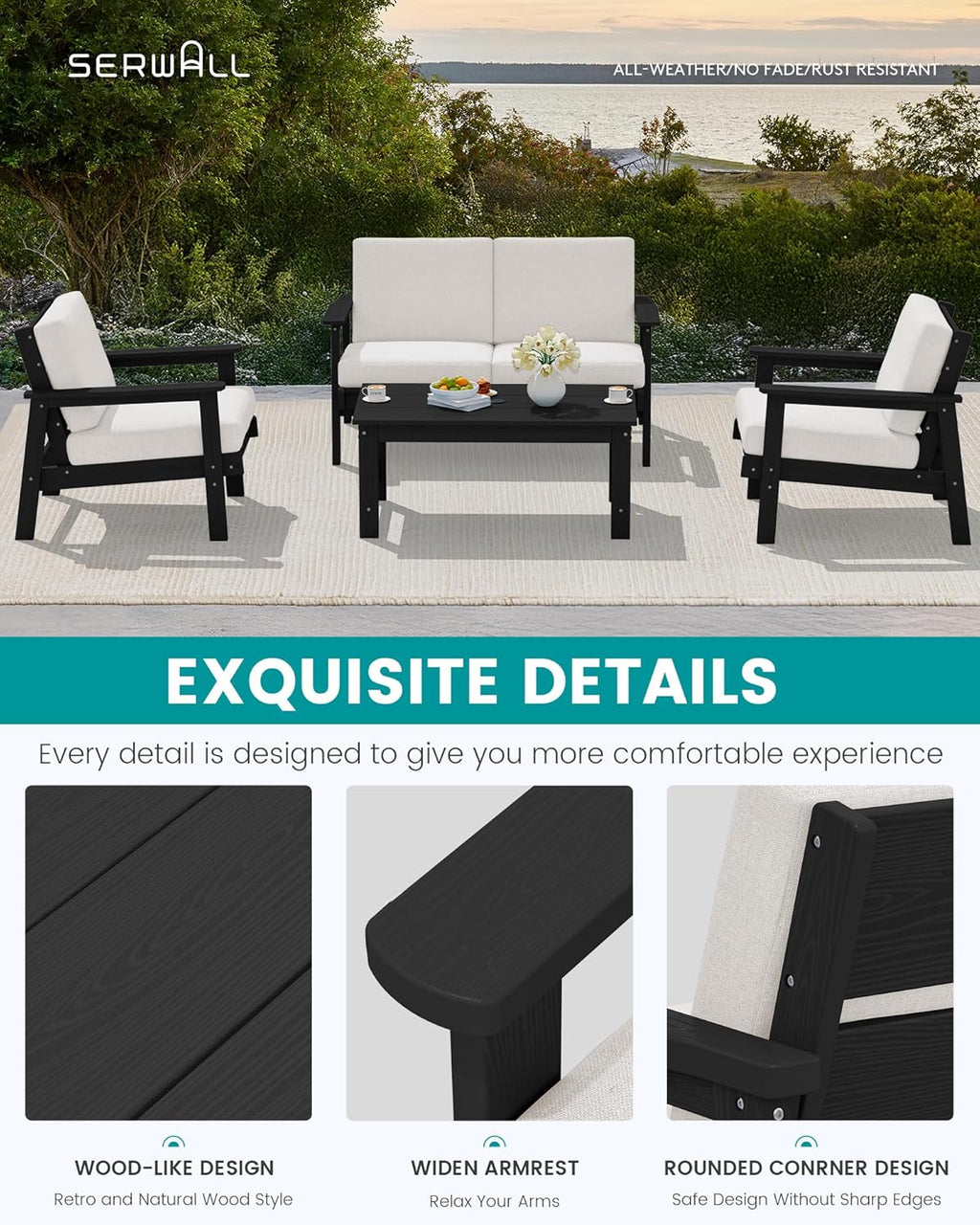 SERWALL HDPE Outdoor Furniture Set, 4 Piece Outdoor Sofa Set, Black Frame with Khaki Cushions