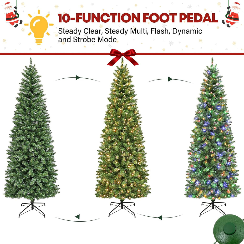 7.5 ft Prelit Pencil Slim Christmas Tree, Artificial Hinged Flocked Christmas Tree with 300 Multicolor LED Lights, Metal Base Included, 792 PVC Branch Tips, 10 Colors