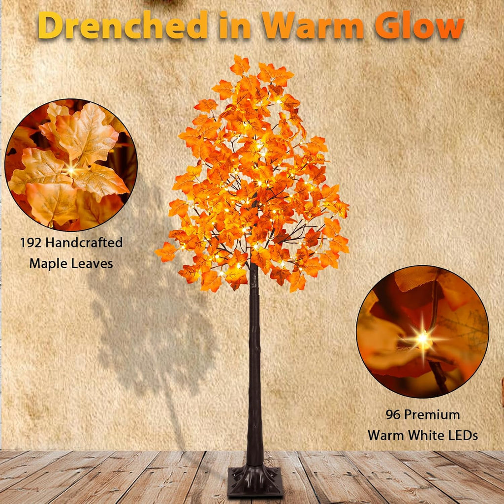 VIVATREES 5FT Artificial Lighted Maple Tree with 96 LEDs, Fall Tree with Warm White Lights for Indoor Outdoor Autumn Halloween Thanksgiving Decor
