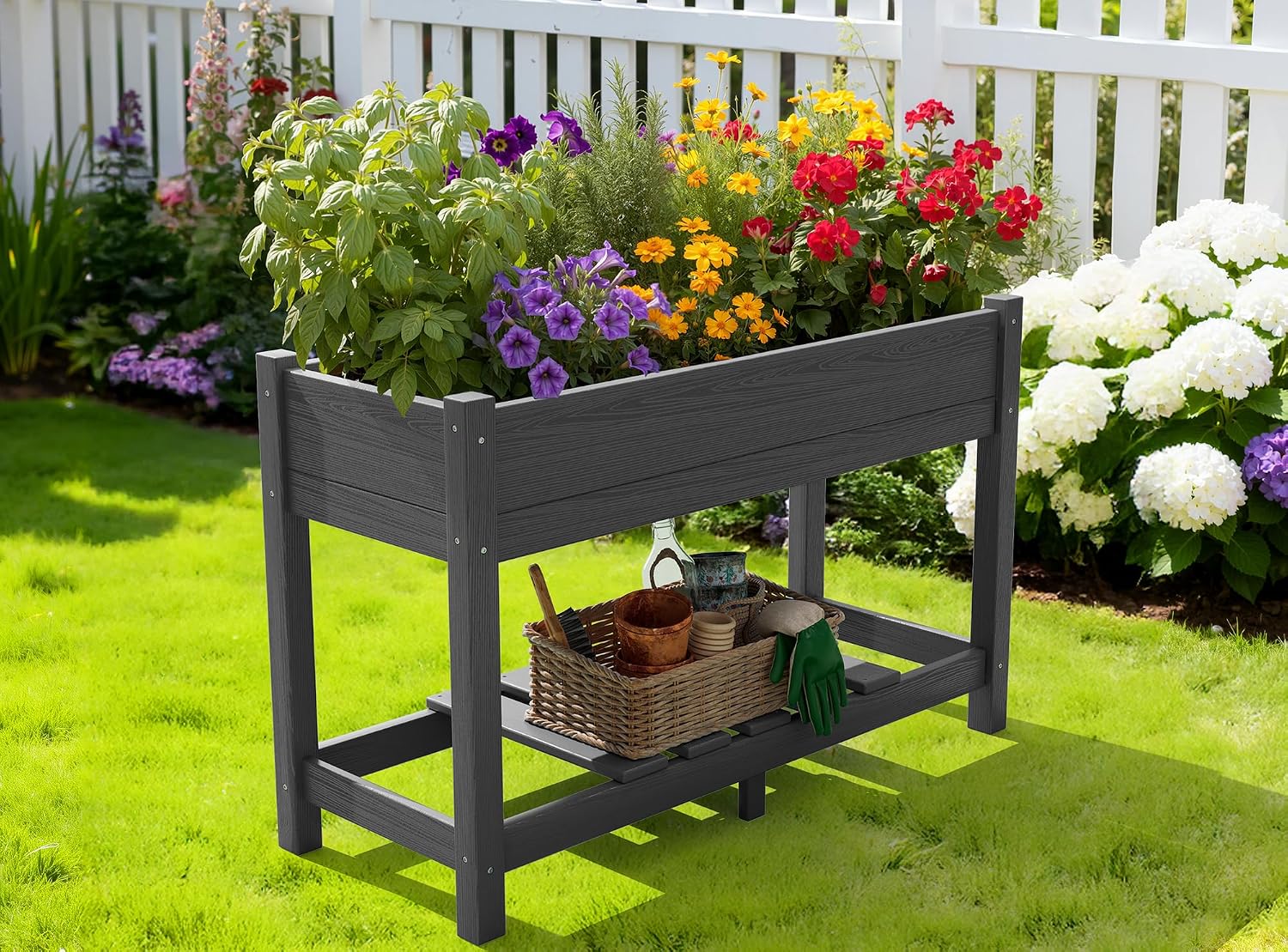 SERWALL Raised Garden Bed with Legs, 43"×17"×30" Large HDPE Elevated Planter Box for Vegetables Flower Herb Patio, All Weather Use- Gray