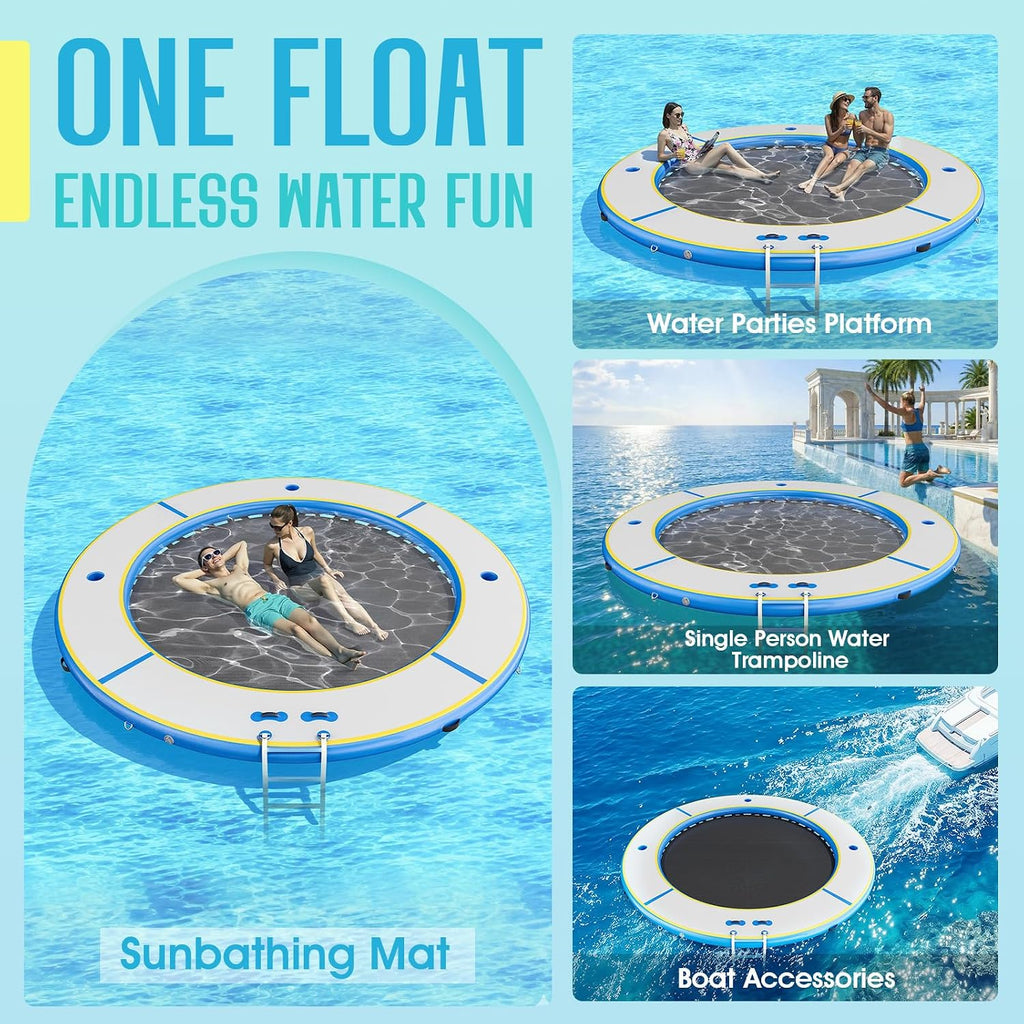 SPECRAFT 12FT Inflatable Water Hammock for Adults Round Floating Dock Platform with Mesh Heavy Duty Inflatable Raft with Soft Ladder and Cup Holder for Lake Beach Party