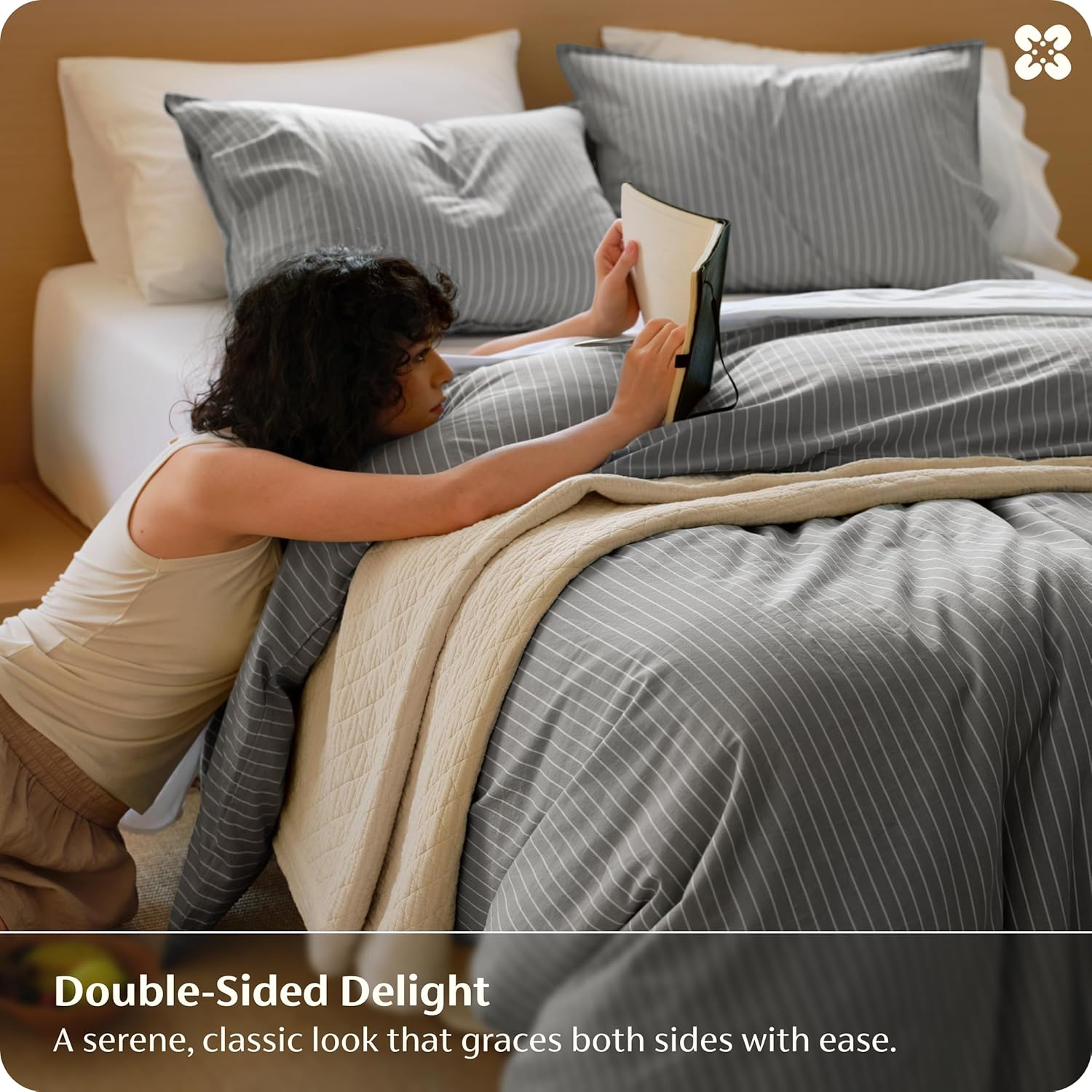 Bedsure Striped Duvet Cover Queen, 100% Washed Cotton Duvet Cover Linen‑Like, PureWoven with Reversible Yarn‑Dyed Design & Double‑Stitch Craft, 3-Piece with Zipper, Stripes Dark Grey, 90"x90"