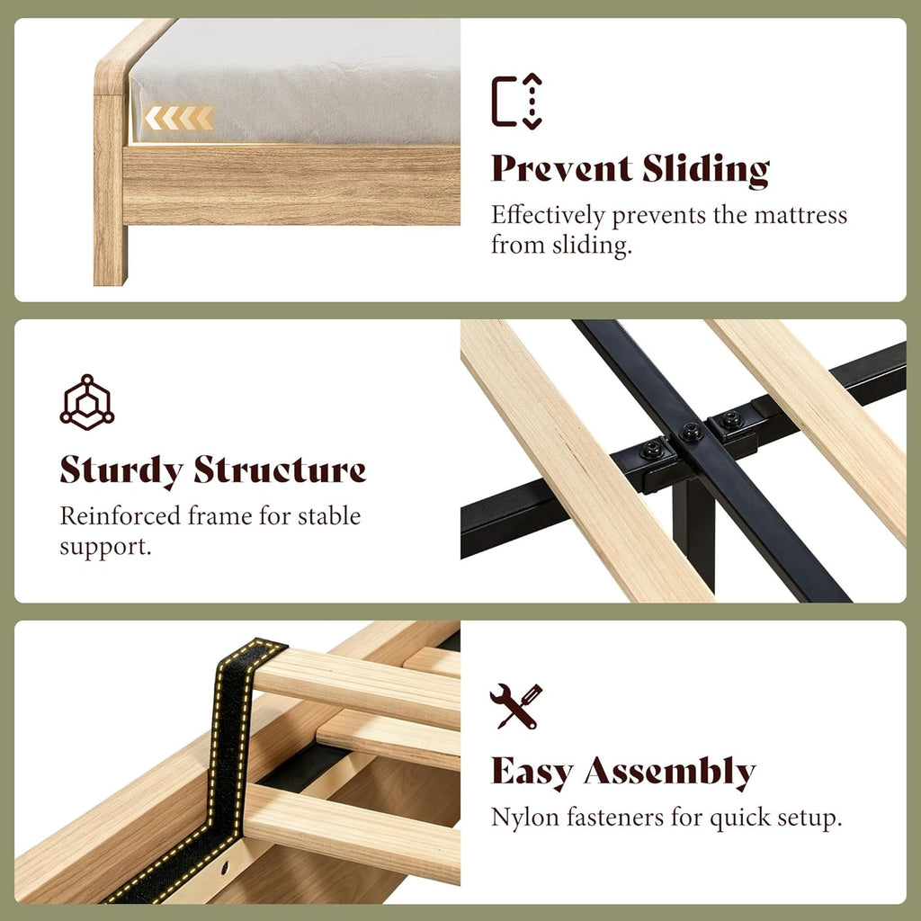 AMERLIFE Wood Queen Size Bed Frame with Headboard & Footboard, Modern Fluted Wooden Platform Bedframe with Rounded Safety Edges, Wood Slat Support, No Box Spring Needed, Easy Assembly, Natural Oak