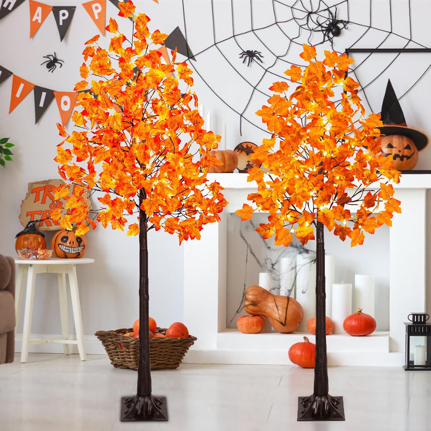 VIVATREES 2Pack 5FT+6FT Artificial Lighted Maple Tree, Light Up Fall Tree with 216 LED Warm White Lights for Halloween, Thanksgiving, Autumn Harvest Outdoor Indoor Home Decor, Orange