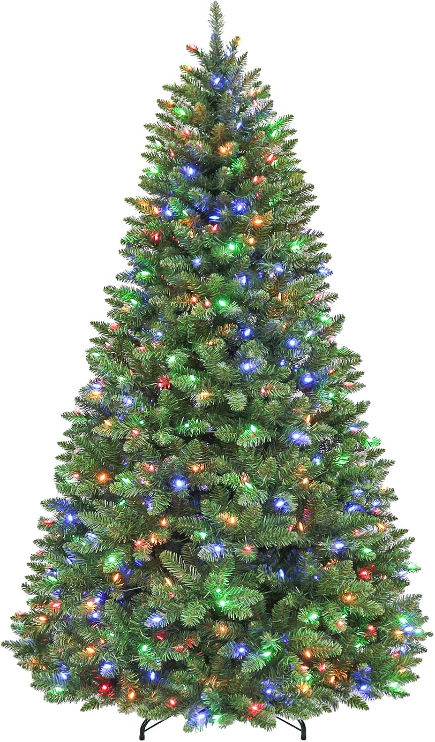 7.5 ft Lighted Christmas Tree, Artificial Christmas Tree with 450 Multicolor LED Lights, 1450 Tips, Metal Stand and Hinged Branches for Holiday Decor, 10 Modes