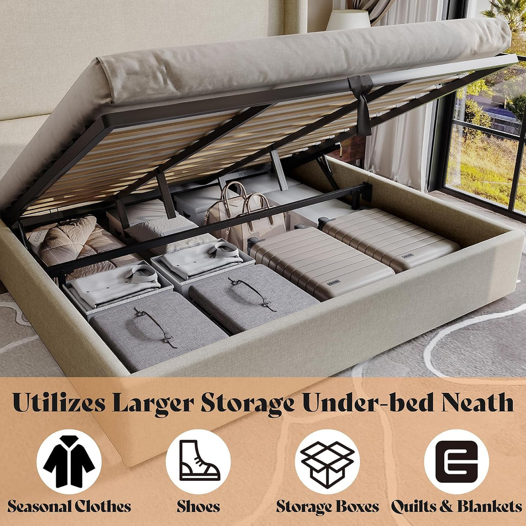 AMERLIFE Lift Up Storage Bed Queen Size Linen Upholstered Platform Bed Frame, Hydraulic Storage,Modern Wingback Headboard, No Box Spring Needed, Khaki