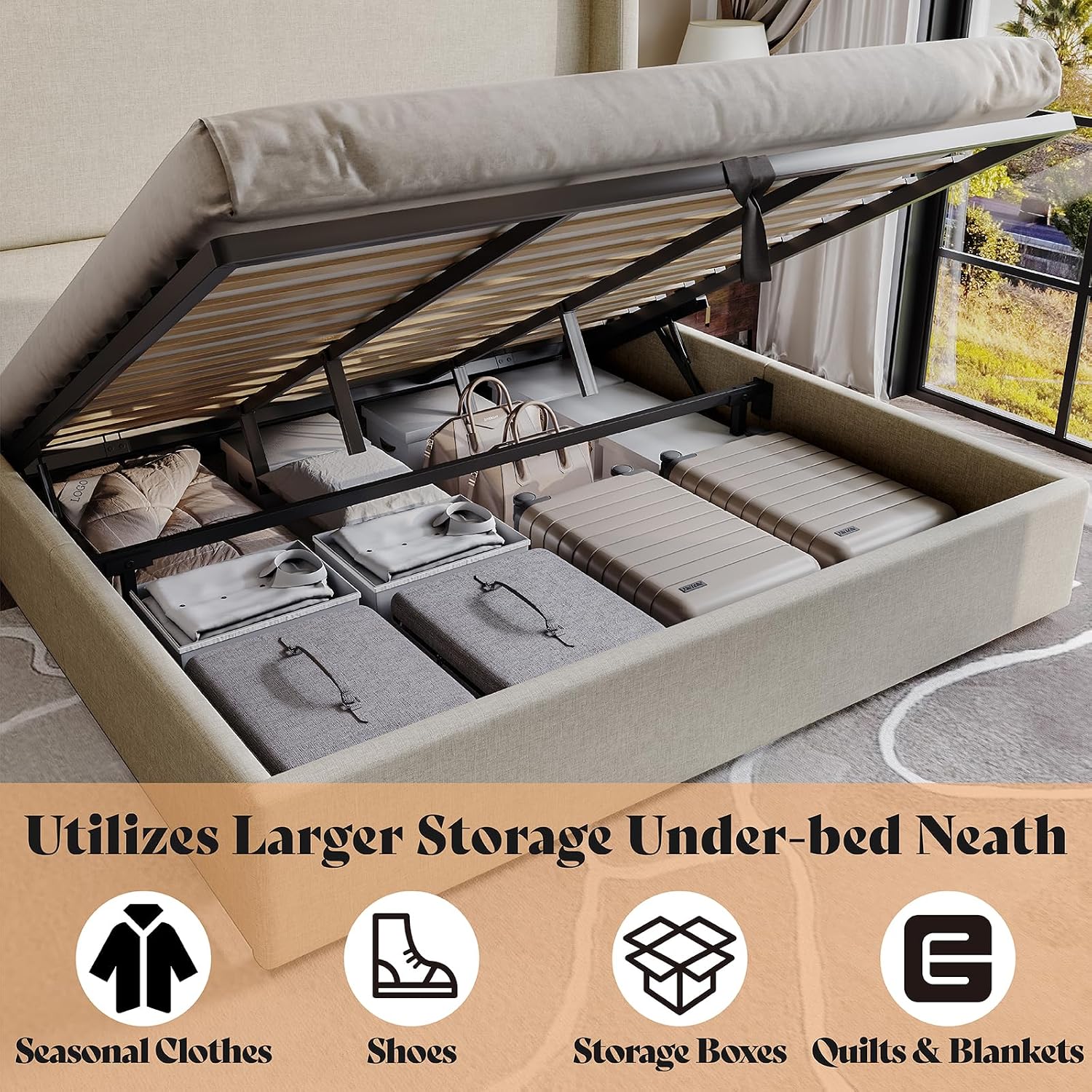 AMERLIFE Lift Up Storage Bed Queen Size Linen Upholstered Platform Bed Frame, Hydraulic Storage,Modern Wingback Headboard, No Box Spring Needed, Khaki