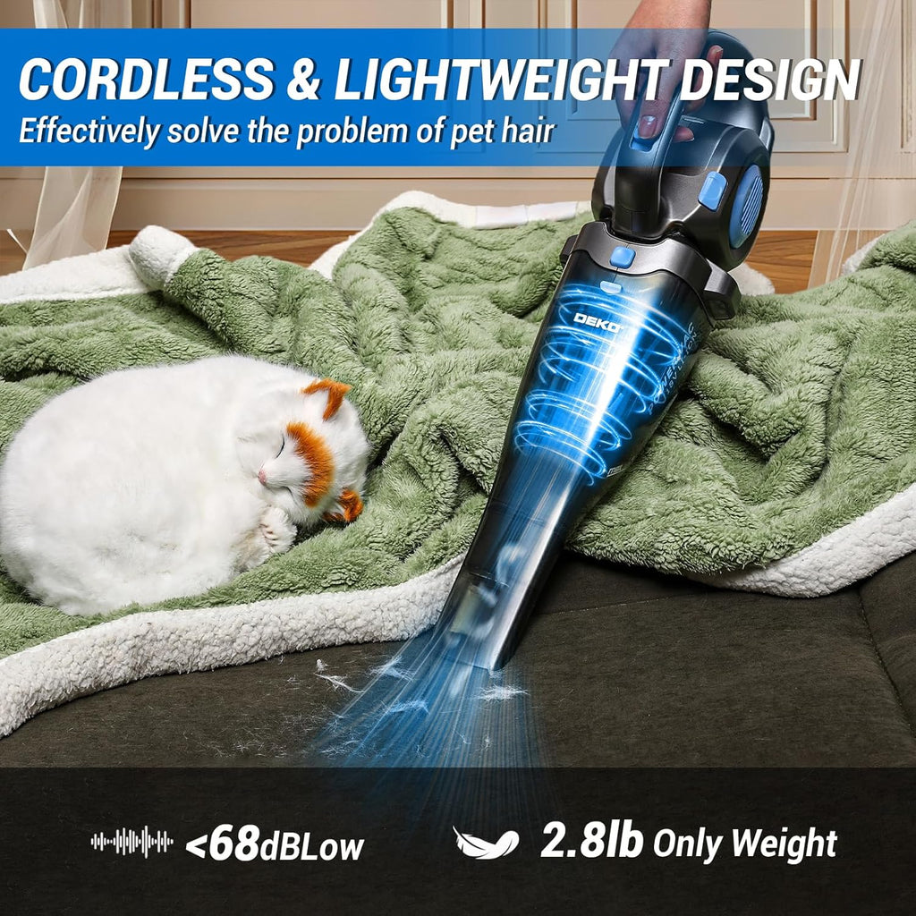 DEKOPRO 22V Upgraded Handheld Vacuum – Cordless & Rechargeable Car Vacuum Cleaner with LED Light, Strong Suction Mini Vacuum for Pet Hair & Dust, Includes Multi Nozzles for Wet/Dry Cleaning