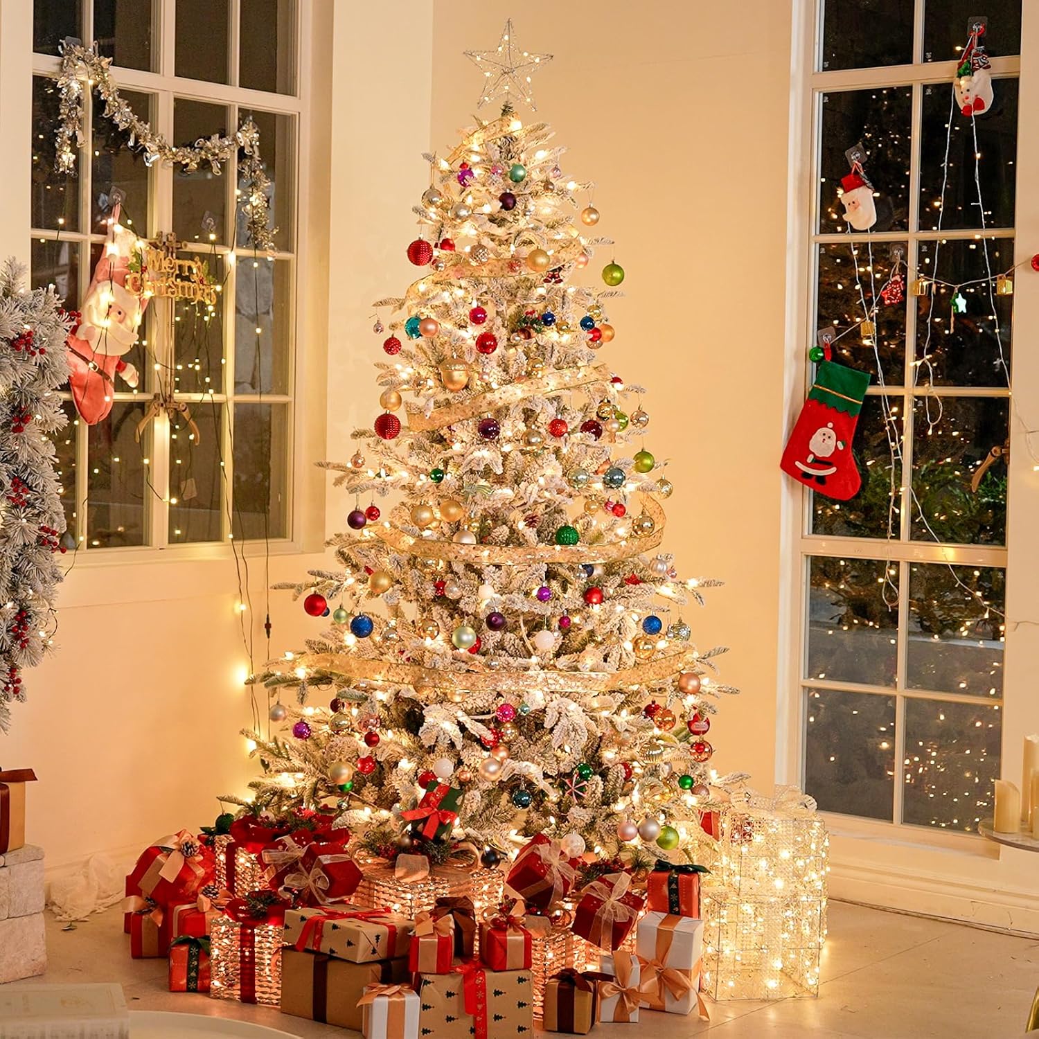7.5 ft Lighted Flocked Christmas Tree, 450 Warm White LED Lights, 1173 PE&PVC Mixed Branch Tips for Home, Easy Assembly for Indoor Holiday Decorating