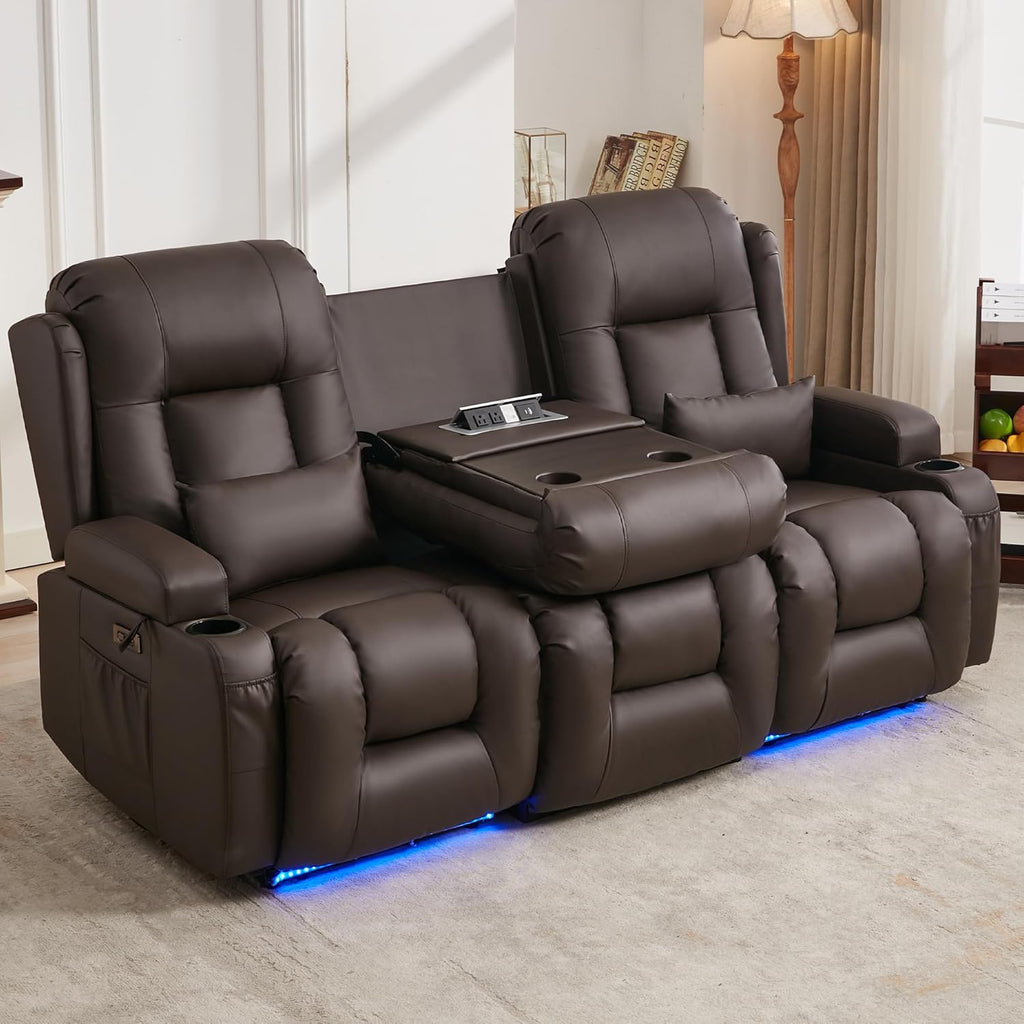 URRED Power Loveseat Recliner Sofa with Massage and Heat, Wall Hugger Reclining Loveseat with Console, RV Couch Home Theater Seating with LED Lights for Living Room (Dark Brown, 76.8" - 3 Seats)