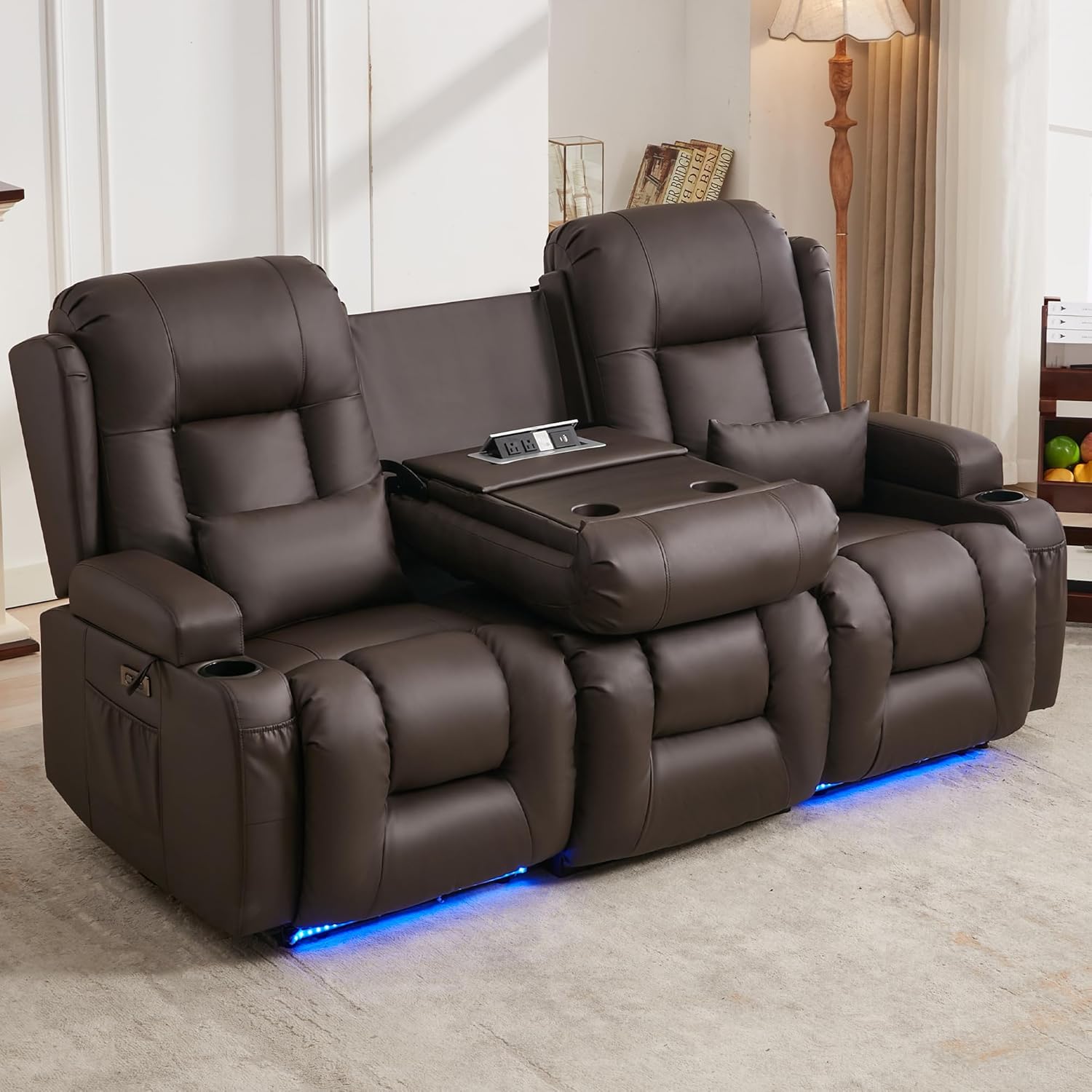 URRED Power Loveseat Recliner Sofa with Massage and Heat, Wall Hugger Reclining Loveseat with Console, RV Couch Home Theater Seating with LED Lights for Living Room (Dark Brown, 76.8" - 3 Seats)